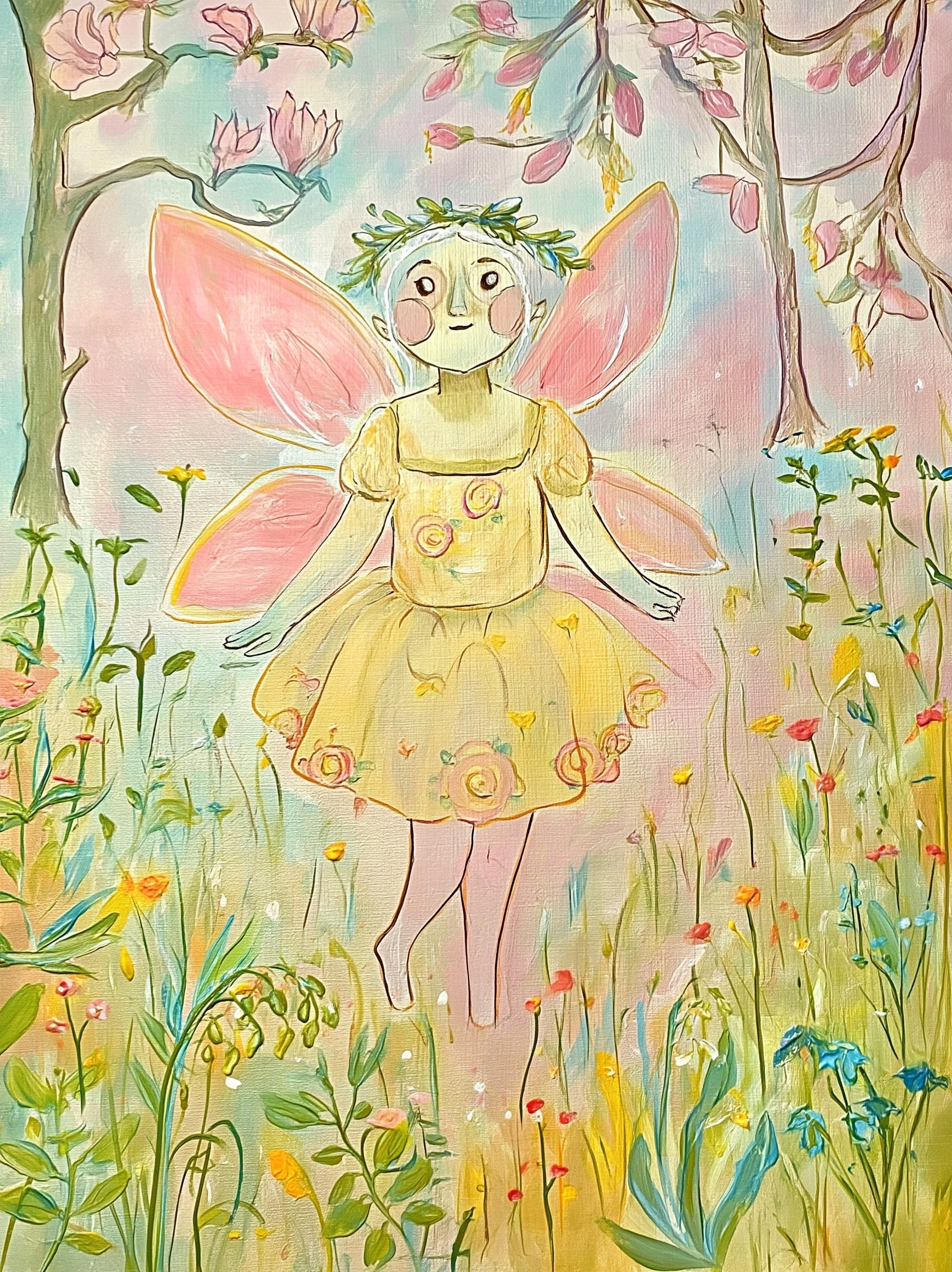 A spring fairy, ina fantasy fairy world, in awe, evokes a sense of wonder, spring, whimsy, dopamine