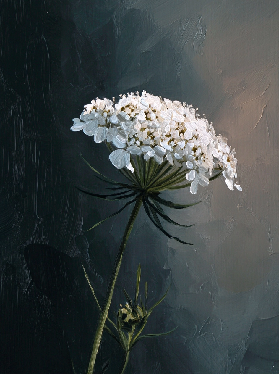 A white queen anne's lace flower, painted in the style of dark and moody landscapes