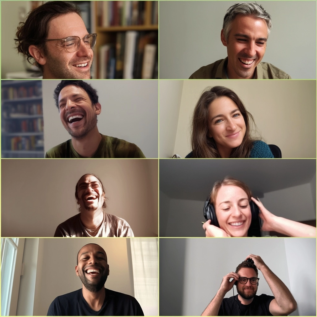 A Zoom gallery view with 8 participants in a 3x4 grid. A few people are smiling while someone else i
