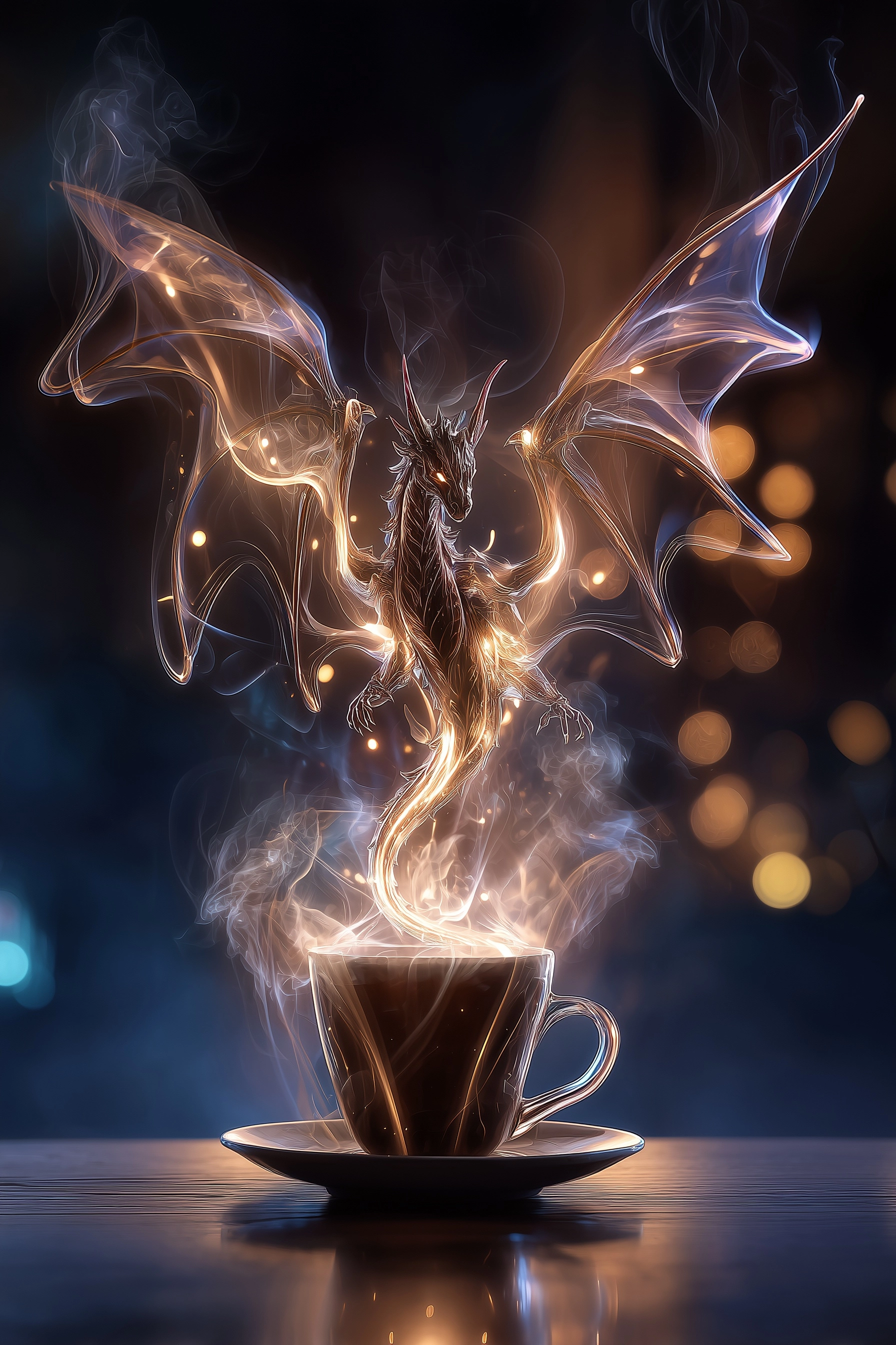 Abstract surreal photo of a coffee steam dragon, with two extended wings and made out of steam