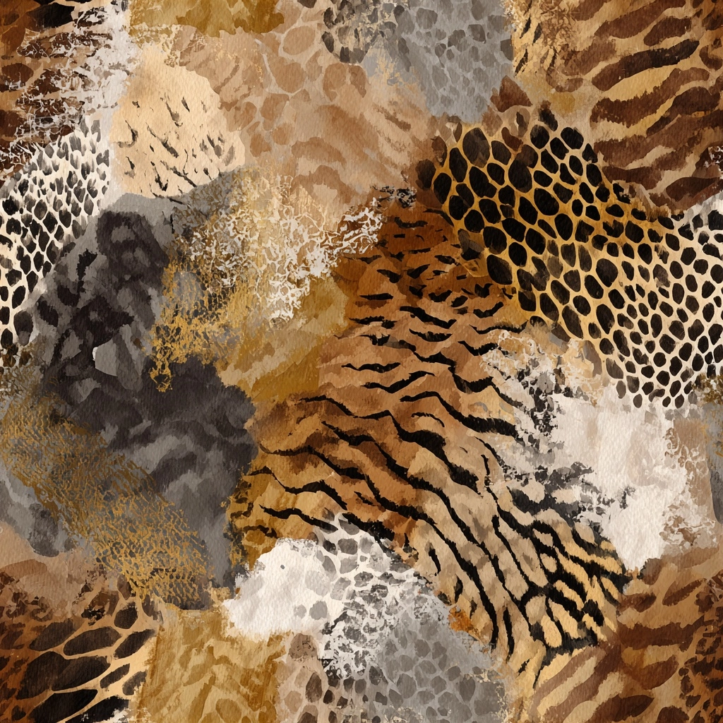 An abstract pattern of animal skin textures, such as tiger stripes and snake scales