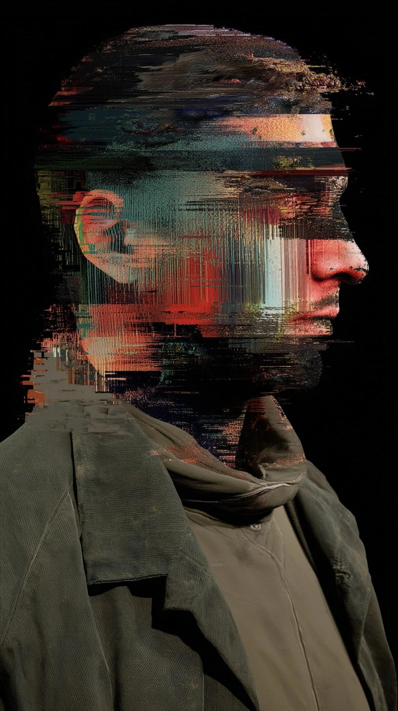 An adult male with a head in the style of glitch art, showing effects such as VHS damage
