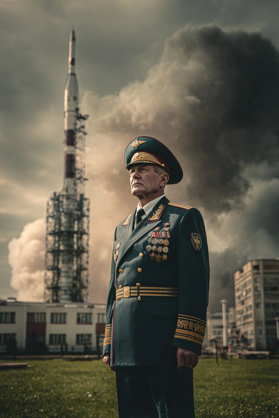 An imperious looking Russian general standing in front of a high-tech Russian missile command facili