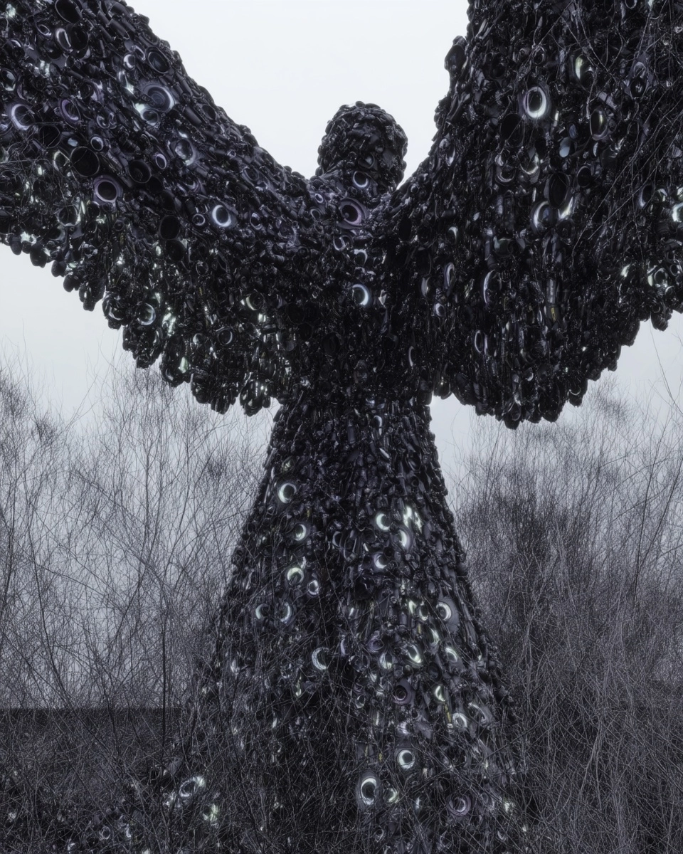 Biblically accurate tech seraphim angel, made of Nikon camera parts