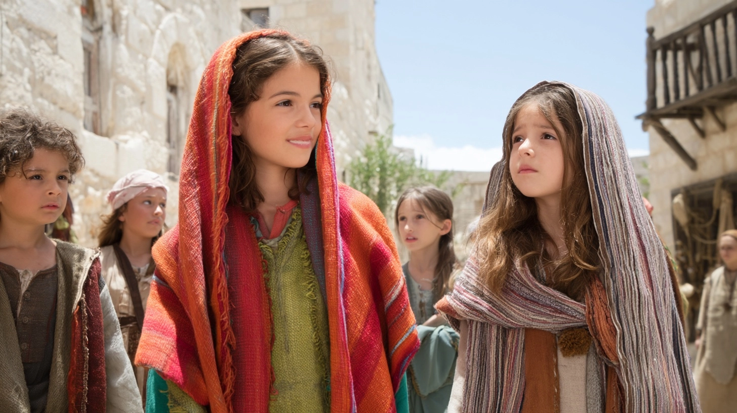Bright realistic Jewish legend for children, saturated palette, luminous daylight, vivid garments