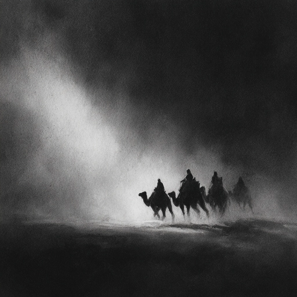 Black and white charcoal sketch of arabian desert, with a few camels and their riders traveling in t