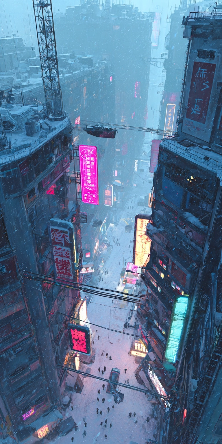 A bright snowy cyberpunk cityscape, day scene, intricate details, 25 neon comercials, magenta