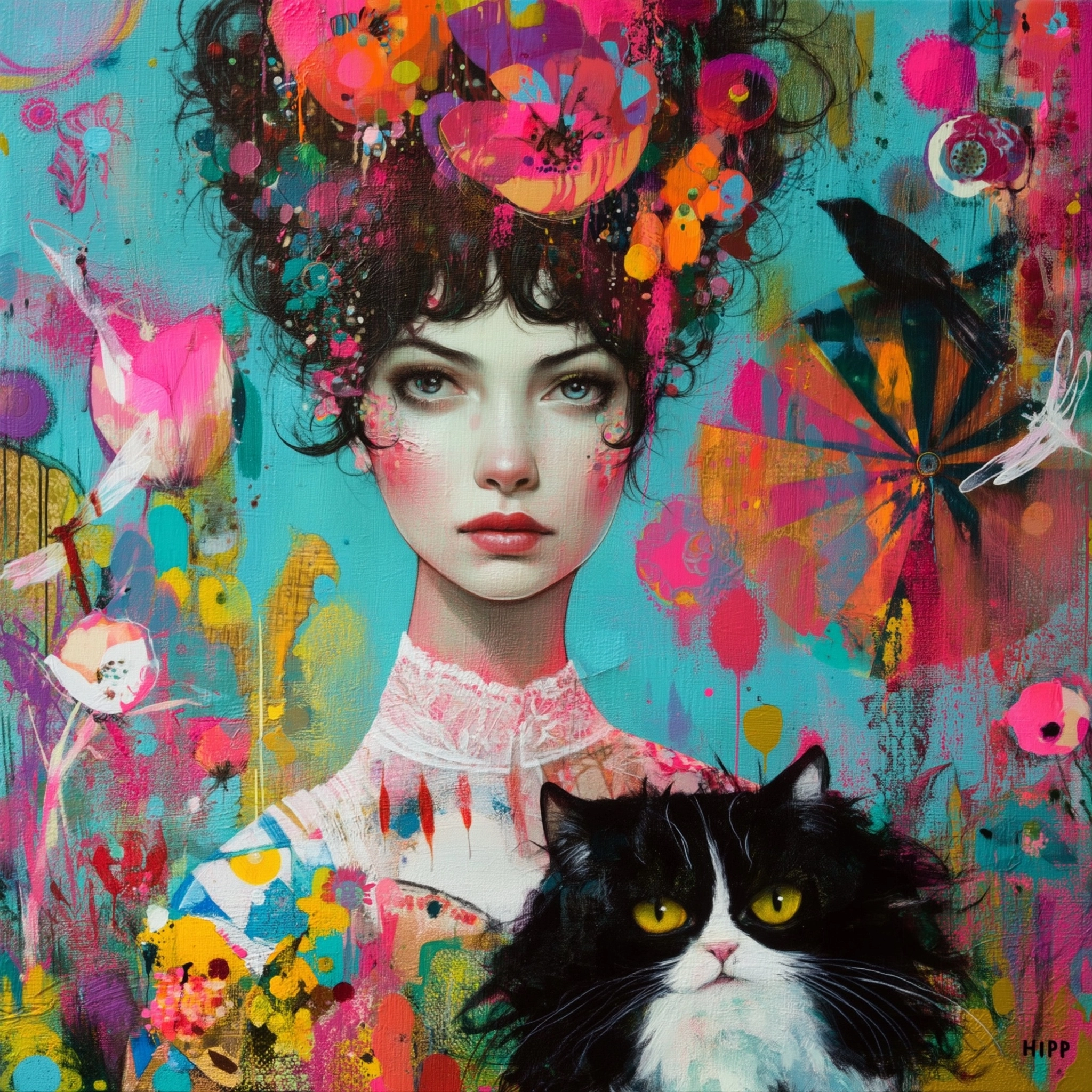 By Yvonne Coomber by Dan Hipp. peinture représentant une femme et son chat.