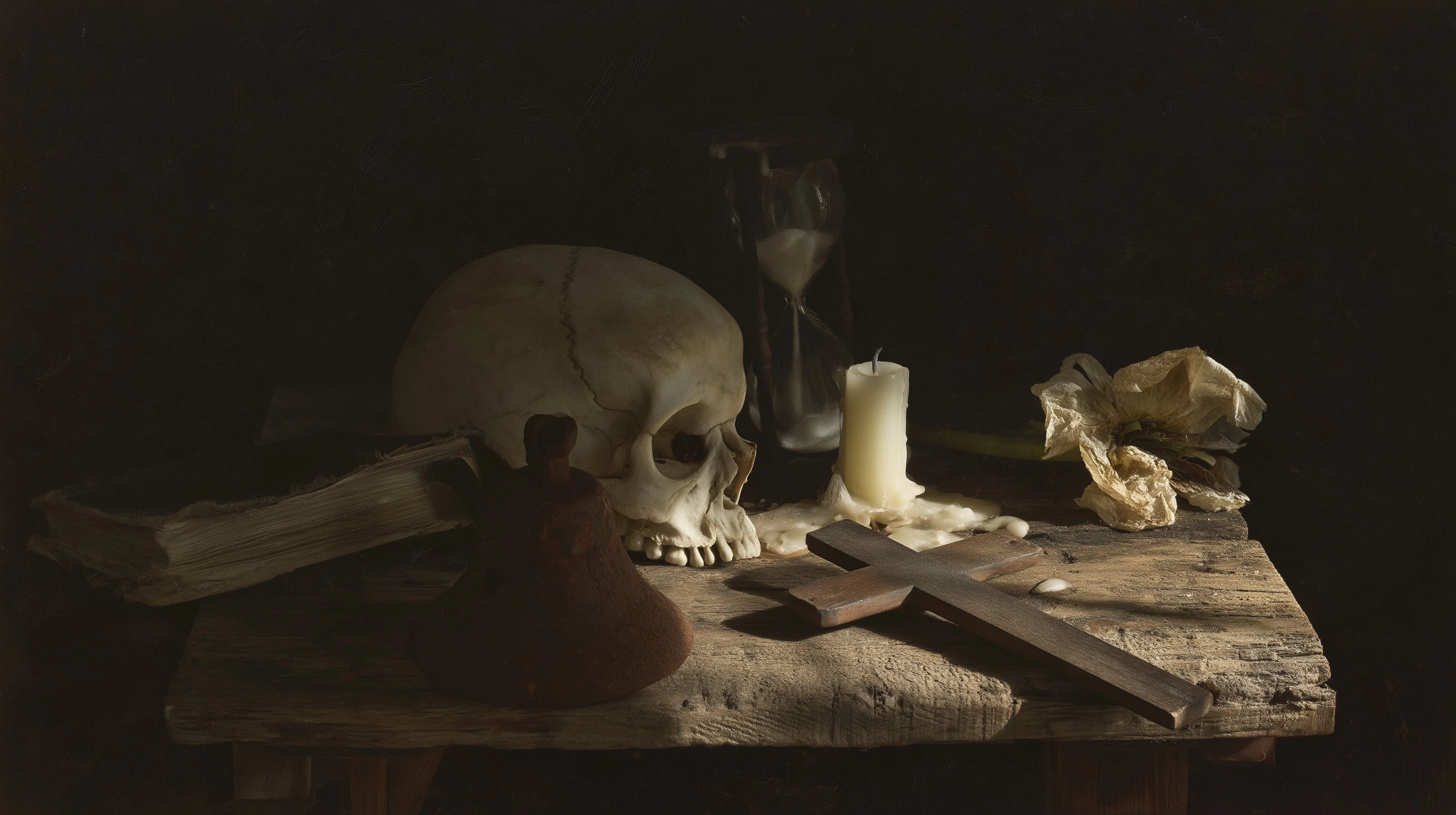 Caravaggesque vanitas still life, dark and austere composition. On a rough wooden table lie a human