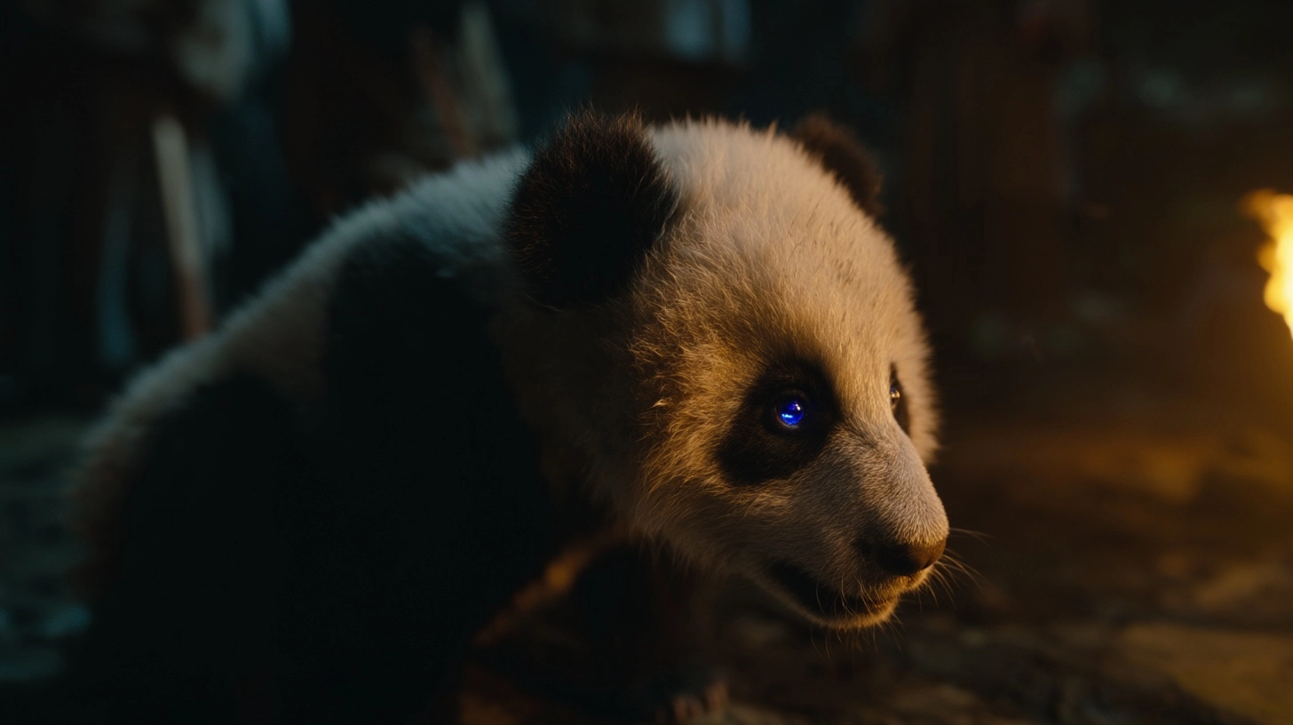 Cinematic close-up of a small frightened baby panda, weak and vulnerable, crouching low
