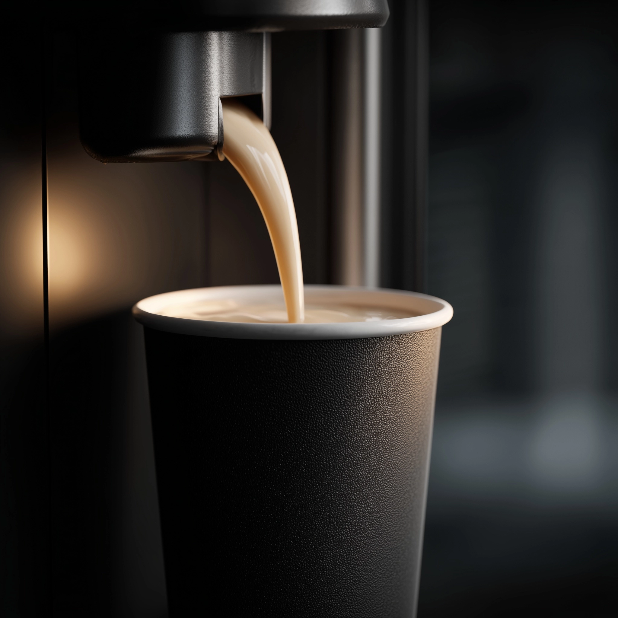 Cinematic close-up of a vending machine pourin vanilla milk into a matte black medium size paper cup
