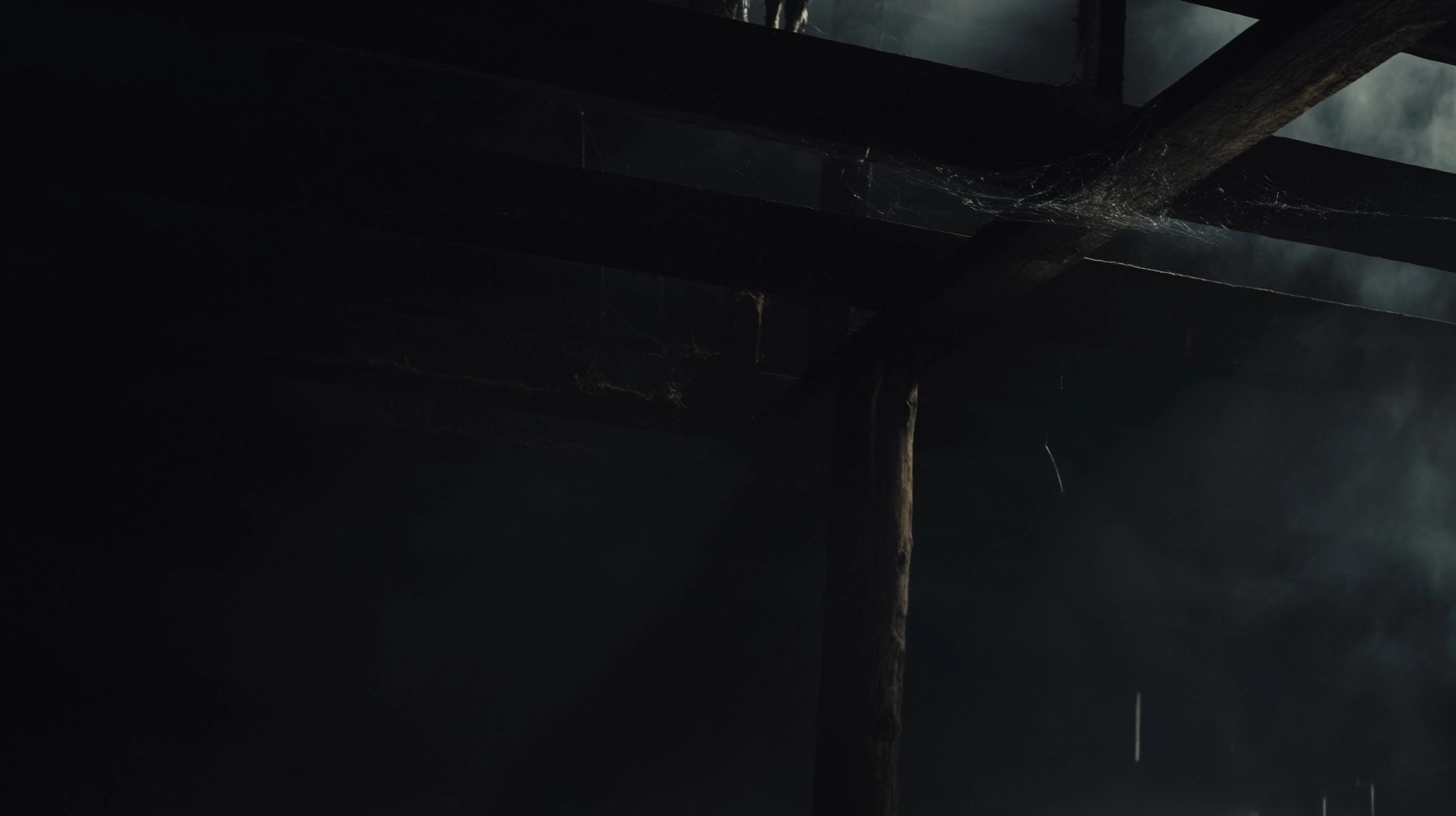 Cinematic dark western horror scene, old saloon ceiling rafters and upper beams in smoky darkness