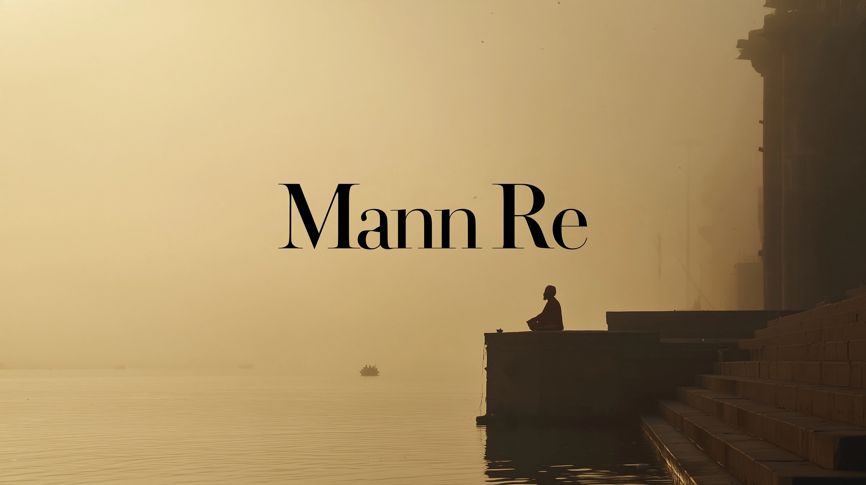 Cinematic spiritual landscape, foggy dawn on the banks of the Ganges river