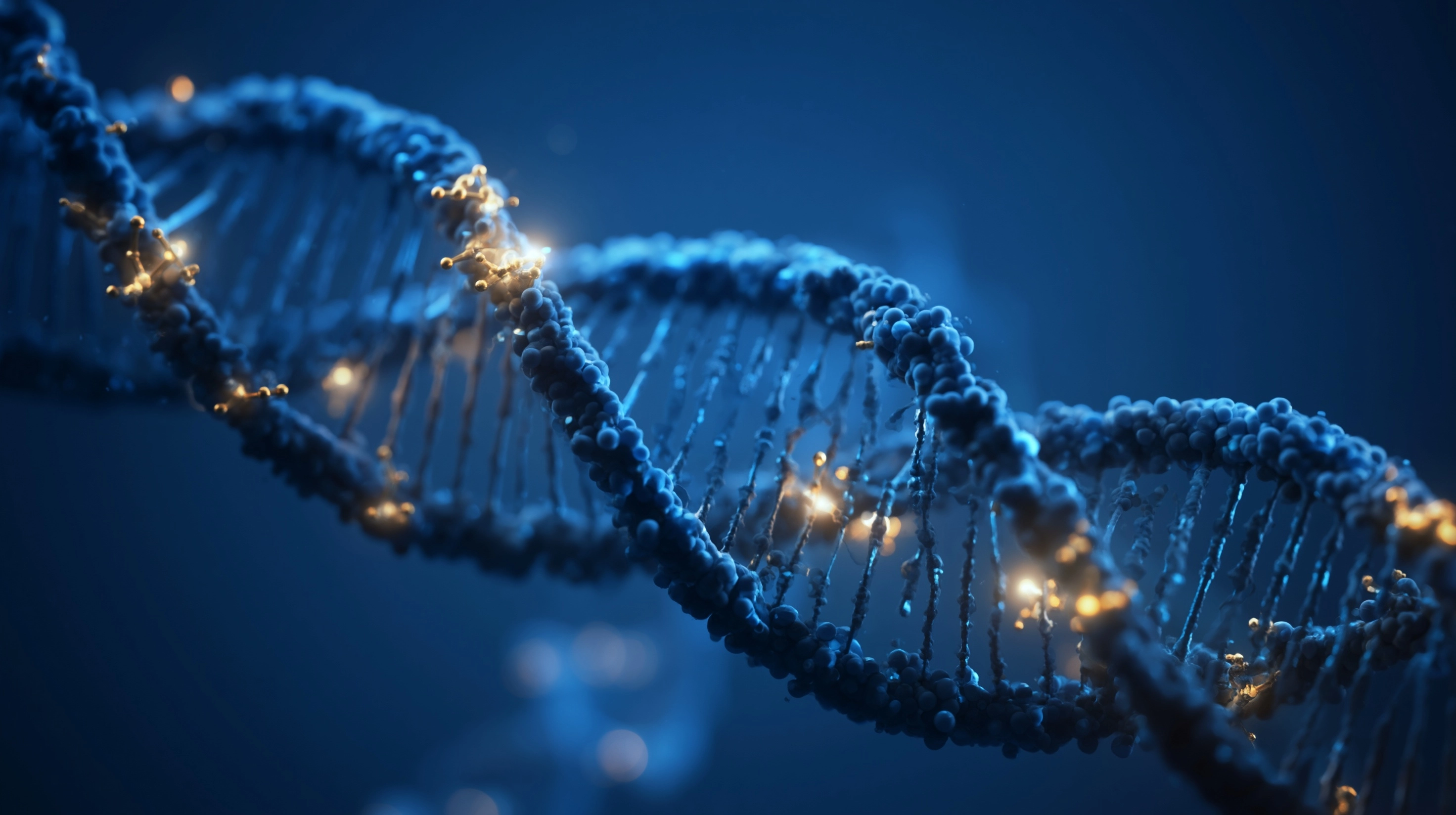 Close-up of DNA wrapped around histone proteins, subtle golden molecular markers attached