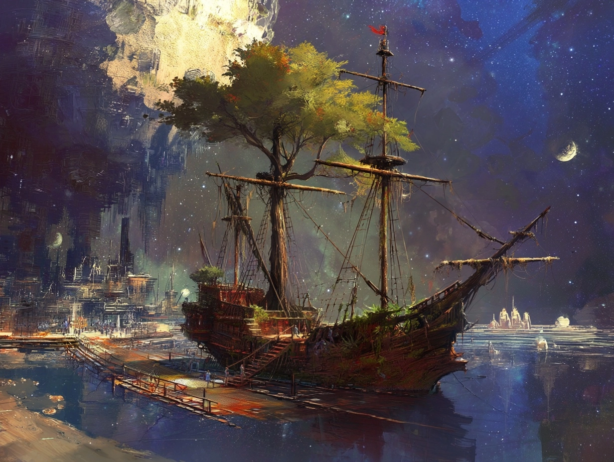 Cosmic living wooden ship, looks like a galleon with more organic growth of the wood and one tree in