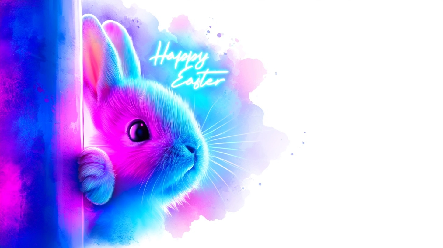 Cute bunny peeking from behind a wall, vibrant neon watercolor illustration