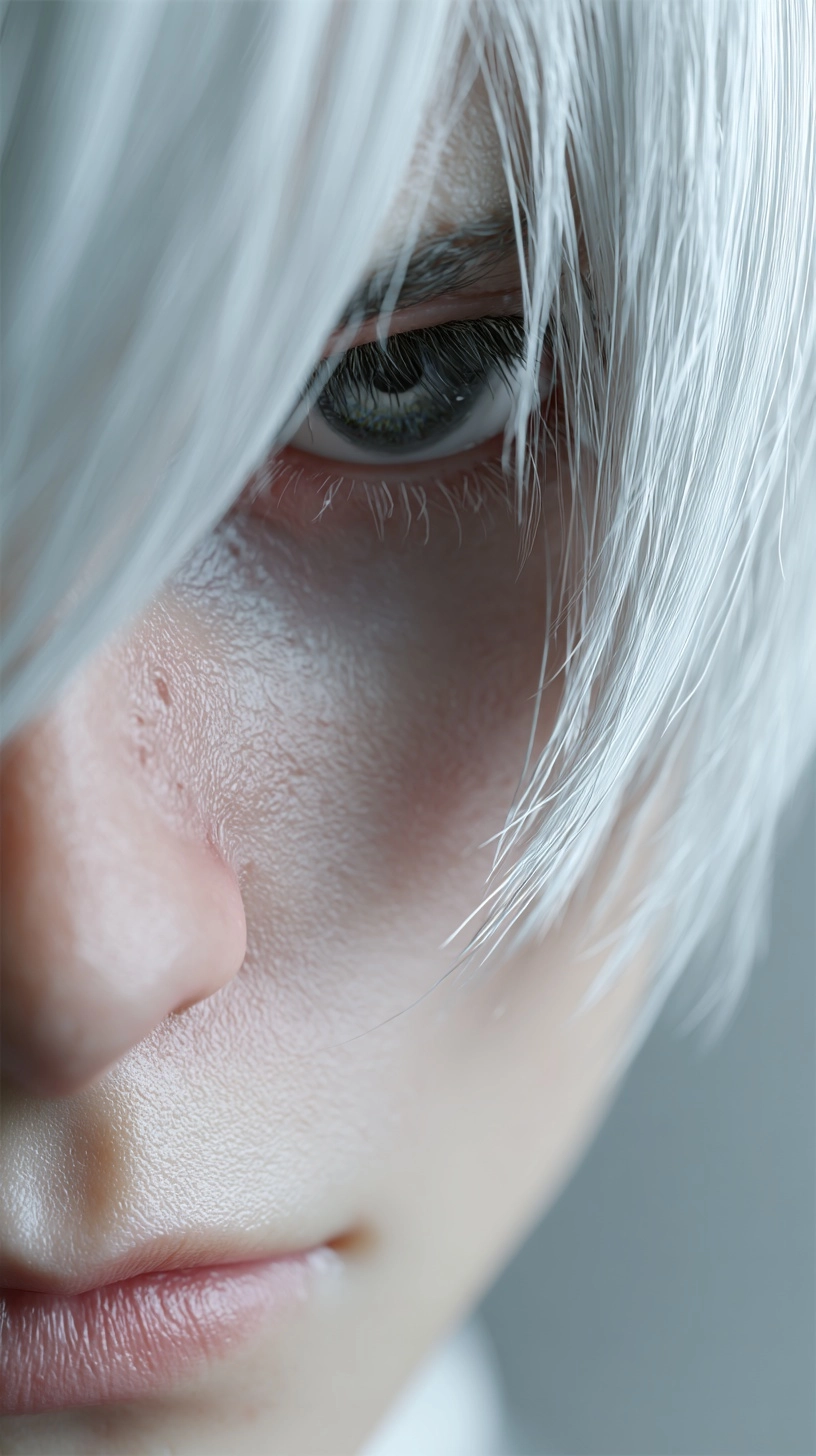 Front-facing close-up facial portrait of a blind boy, 3D designer toy