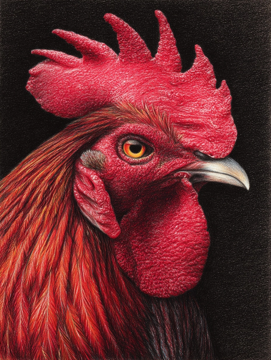 Detailed derwent colored graphite drawing of a rooster, head only, diffuser background