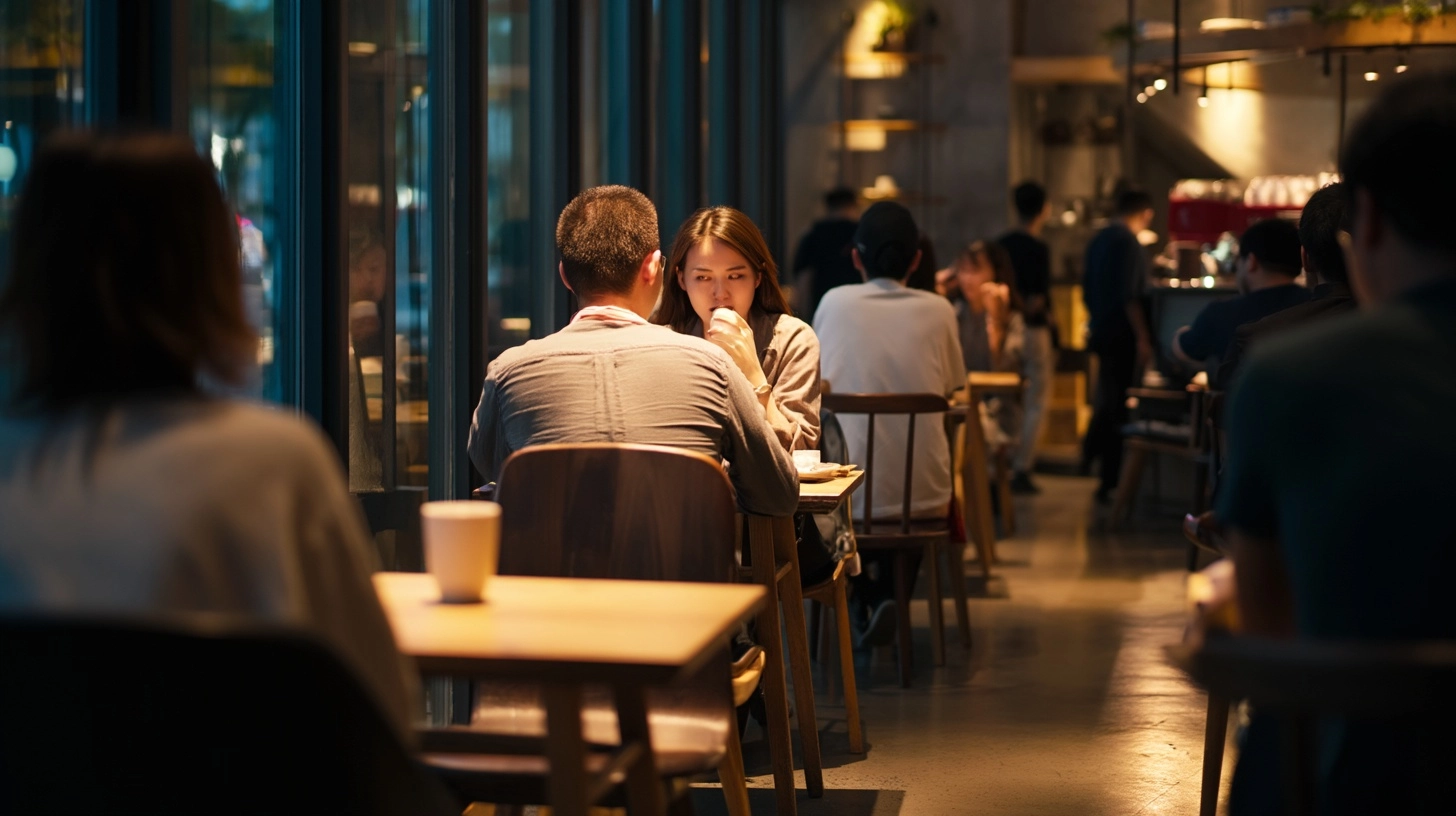 Documentary lifestyle photo, a modern coffee shop in China subtly echoes the social intimacy of a tr