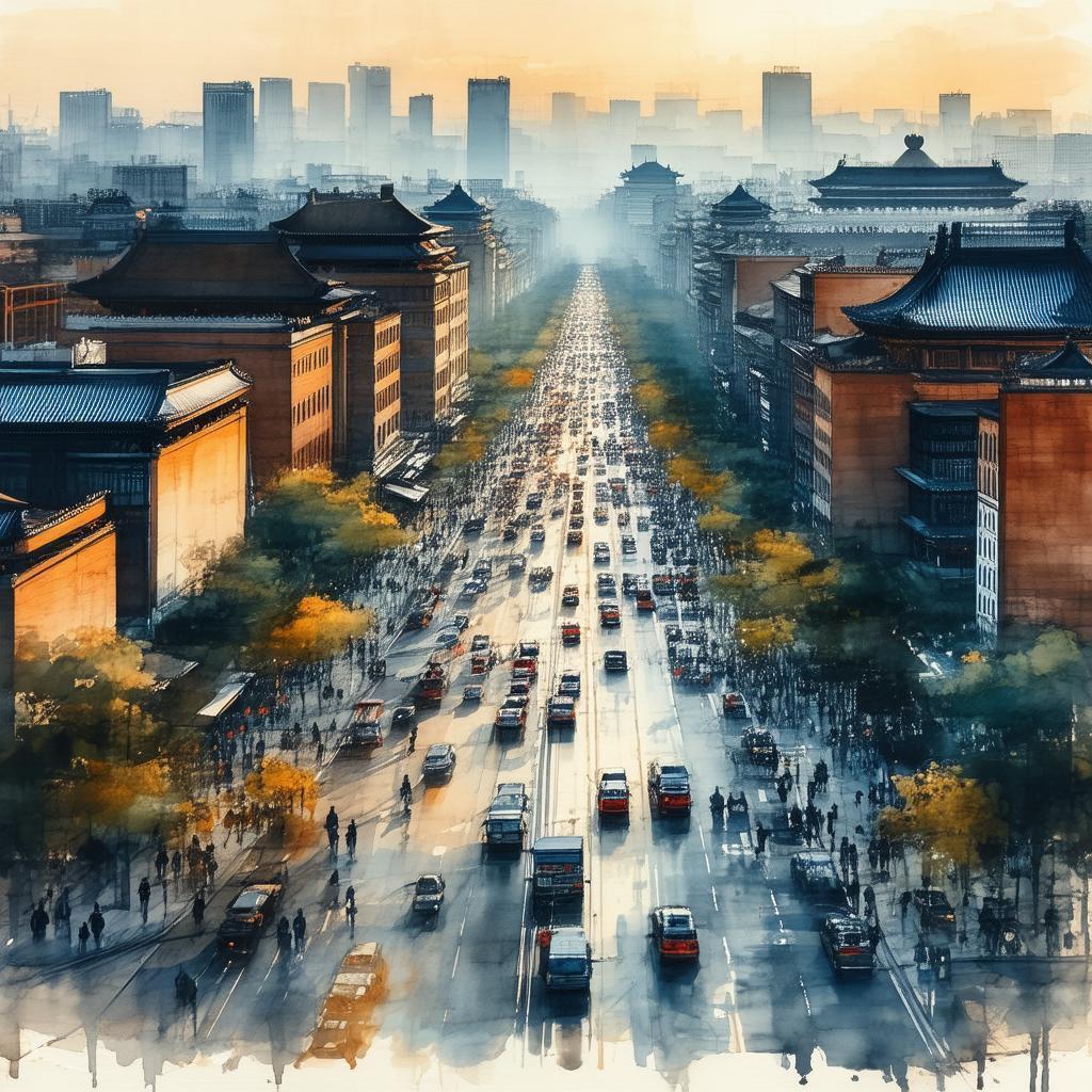 Downtown Beijing Sunrise in Detailed Ink Wash