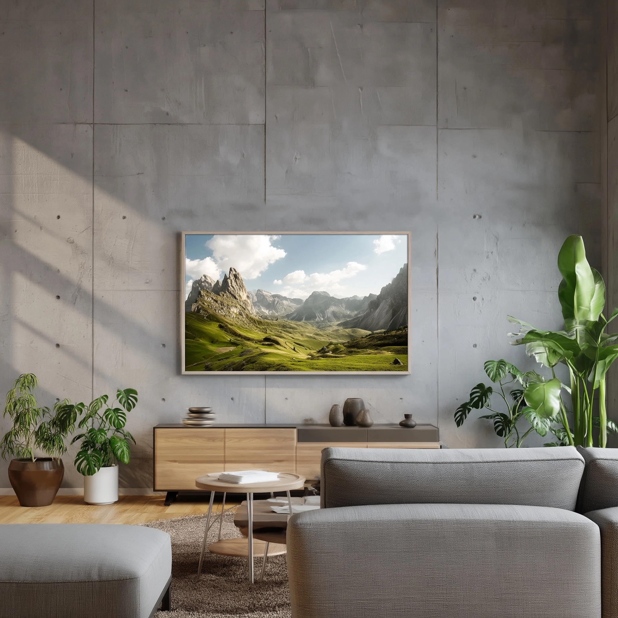 Ein modernes Wohnzimmer mit einem sehr flachen, filigranen und an der Wand hängenden Samsung Frame T