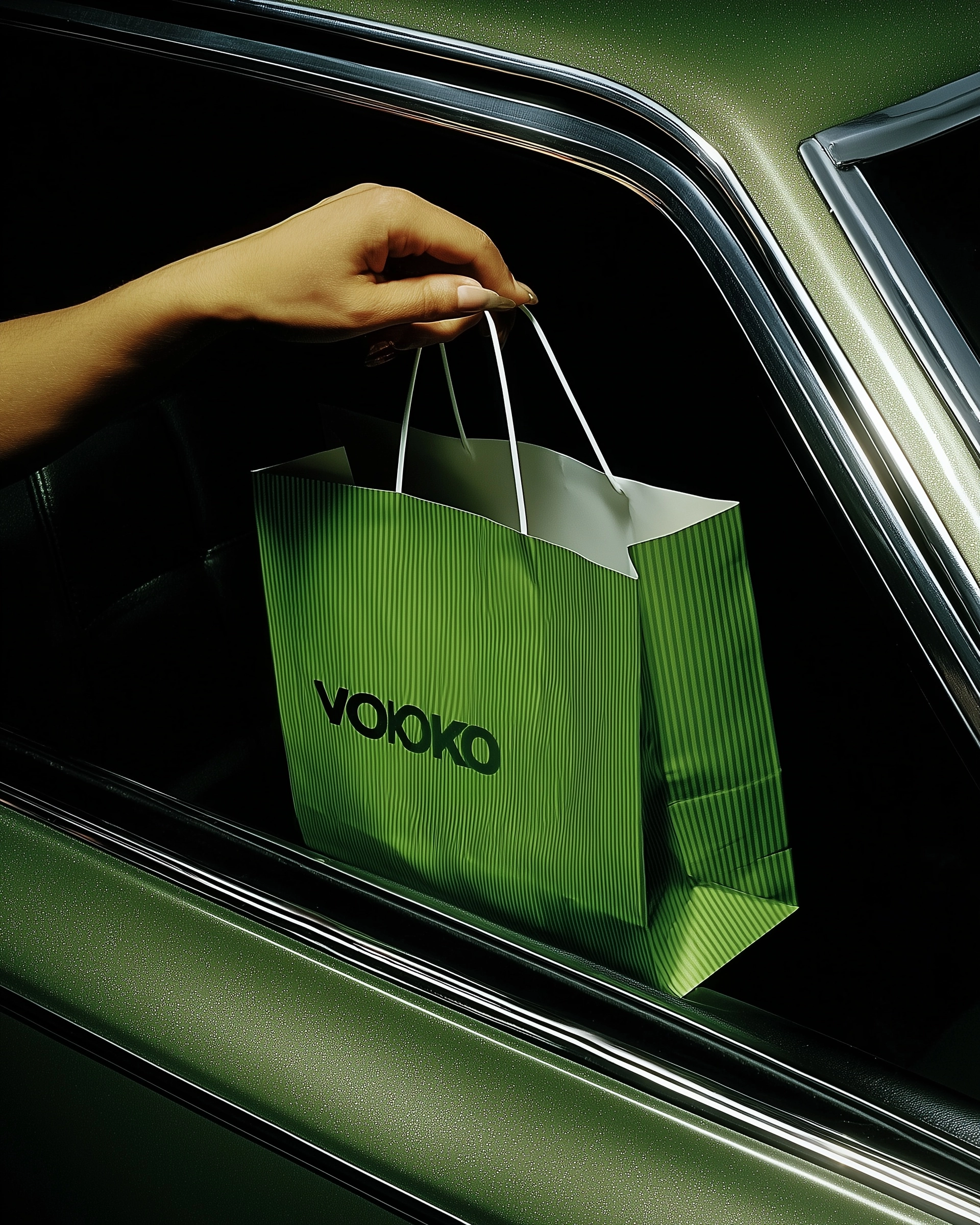 Exact same composition of a handoff through a car window, tight close-up, cropped framing