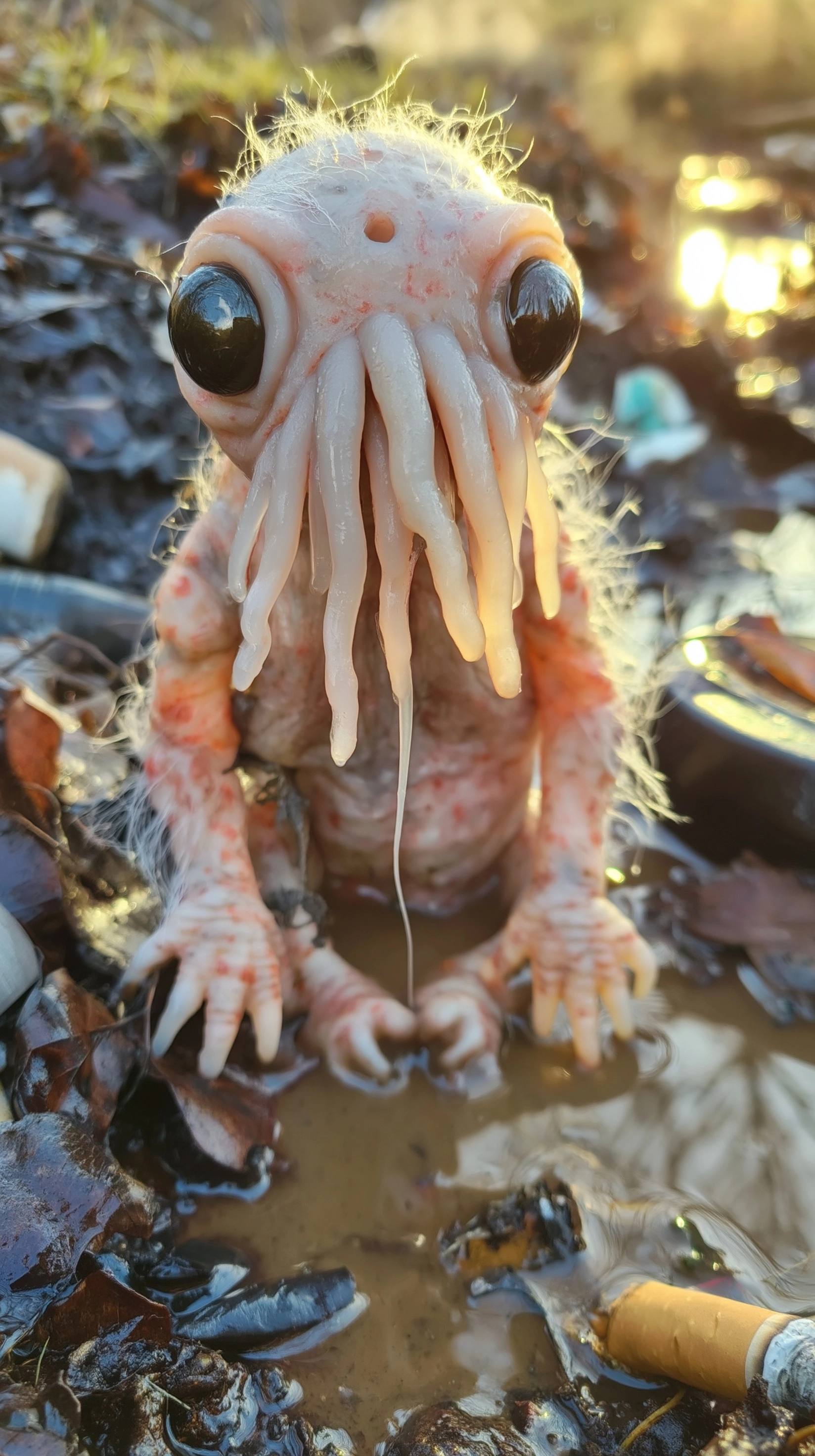 Extreme close-up portrait of a newborn alien larva creature sitting in shallow muddy water