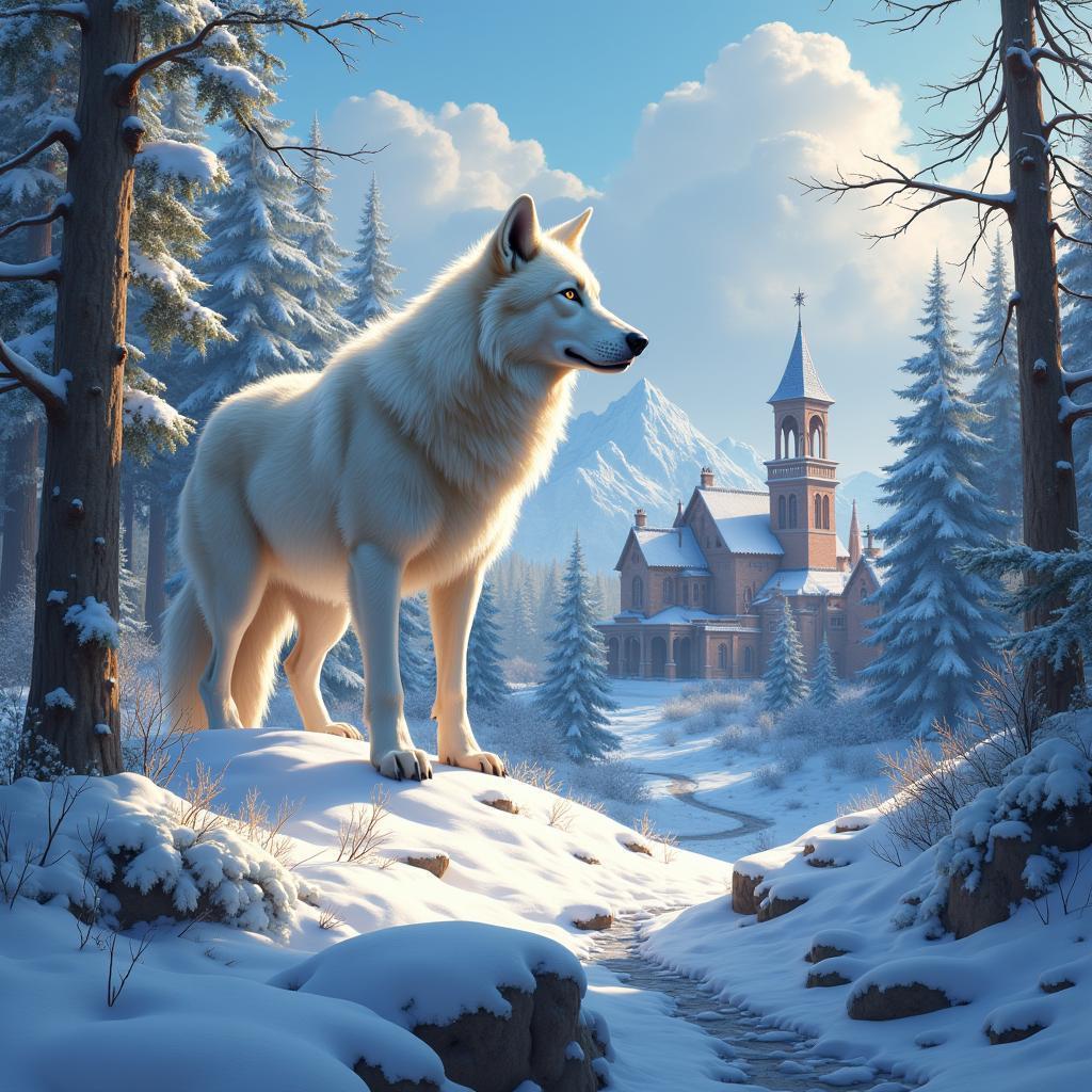 White Wolf Guarding a Snowy Fantasy Village