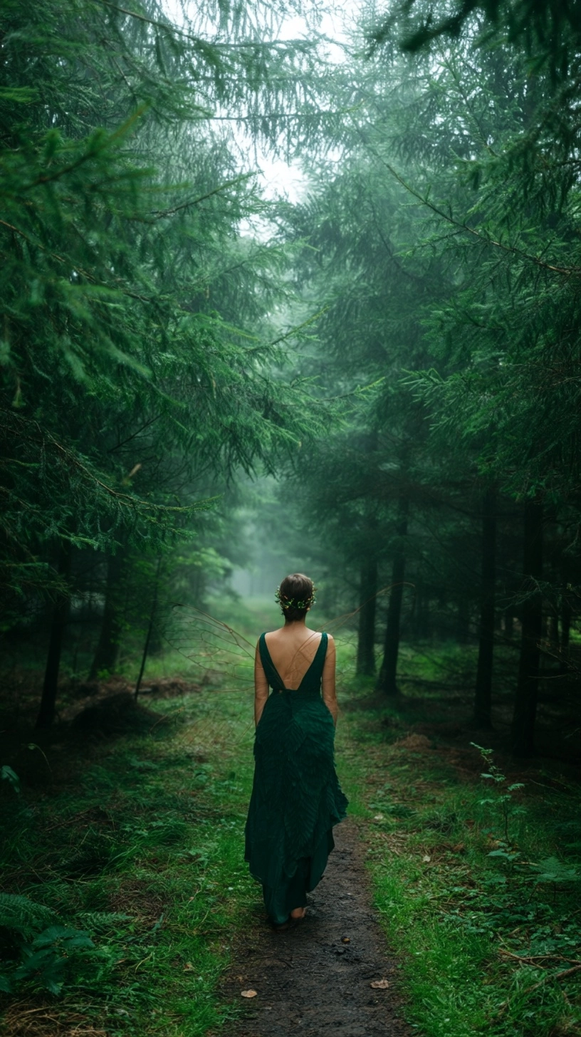 Fairy-like young woman with translucent wings standing on a narrow forest path in dense coniferous f
