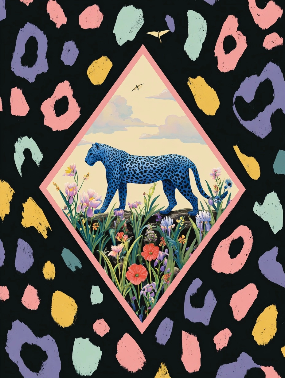 Flat hand-drawn illustration, deep black background with strong colorful leopard print pattern