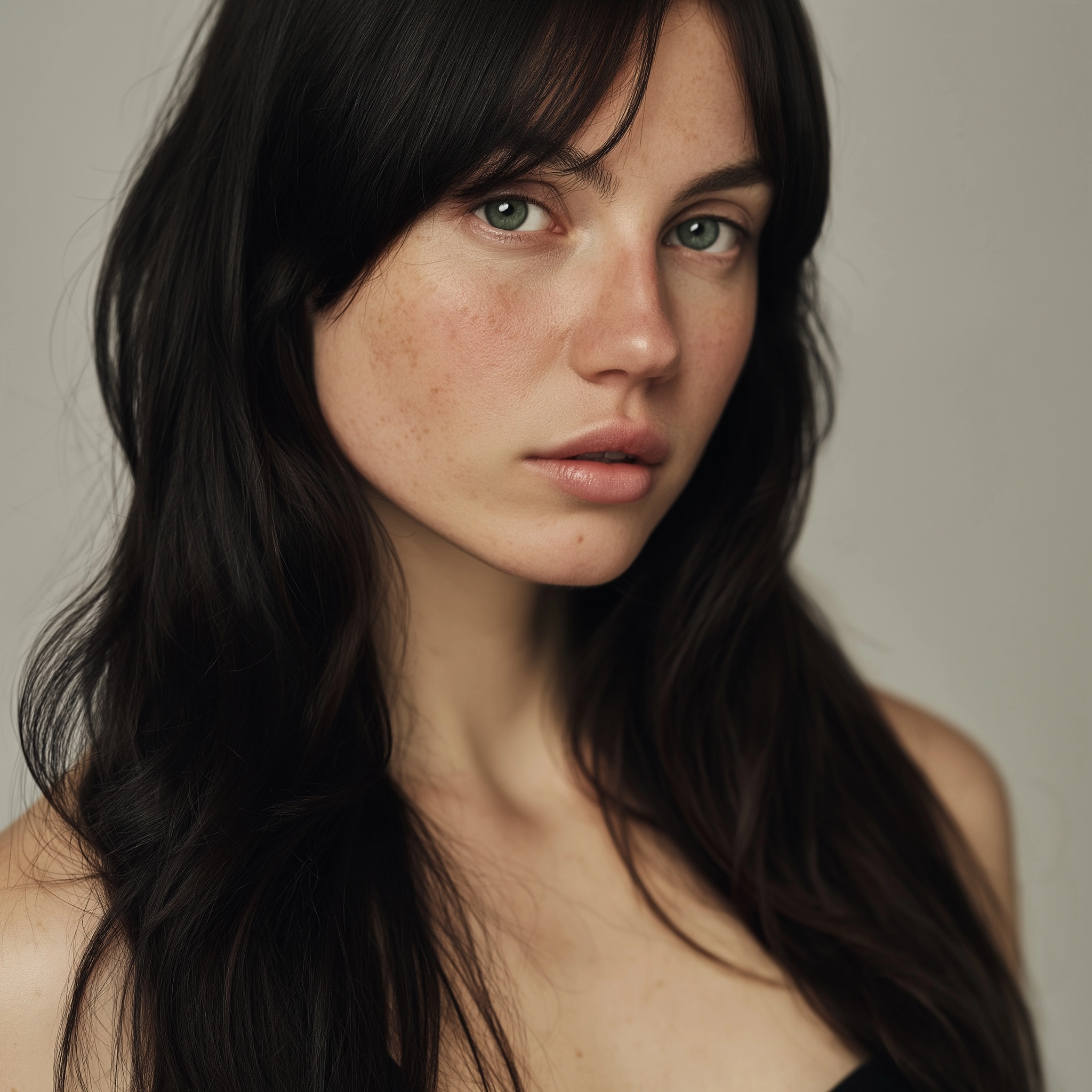 Front close-up studio portrait of an attractive 26-year-old European woman with pale skin and slight