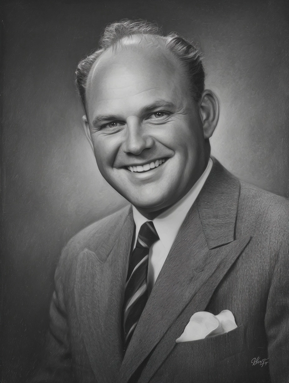 Bright studio photograph from the 1950's of a man in a suit, big smile, hyper realistic