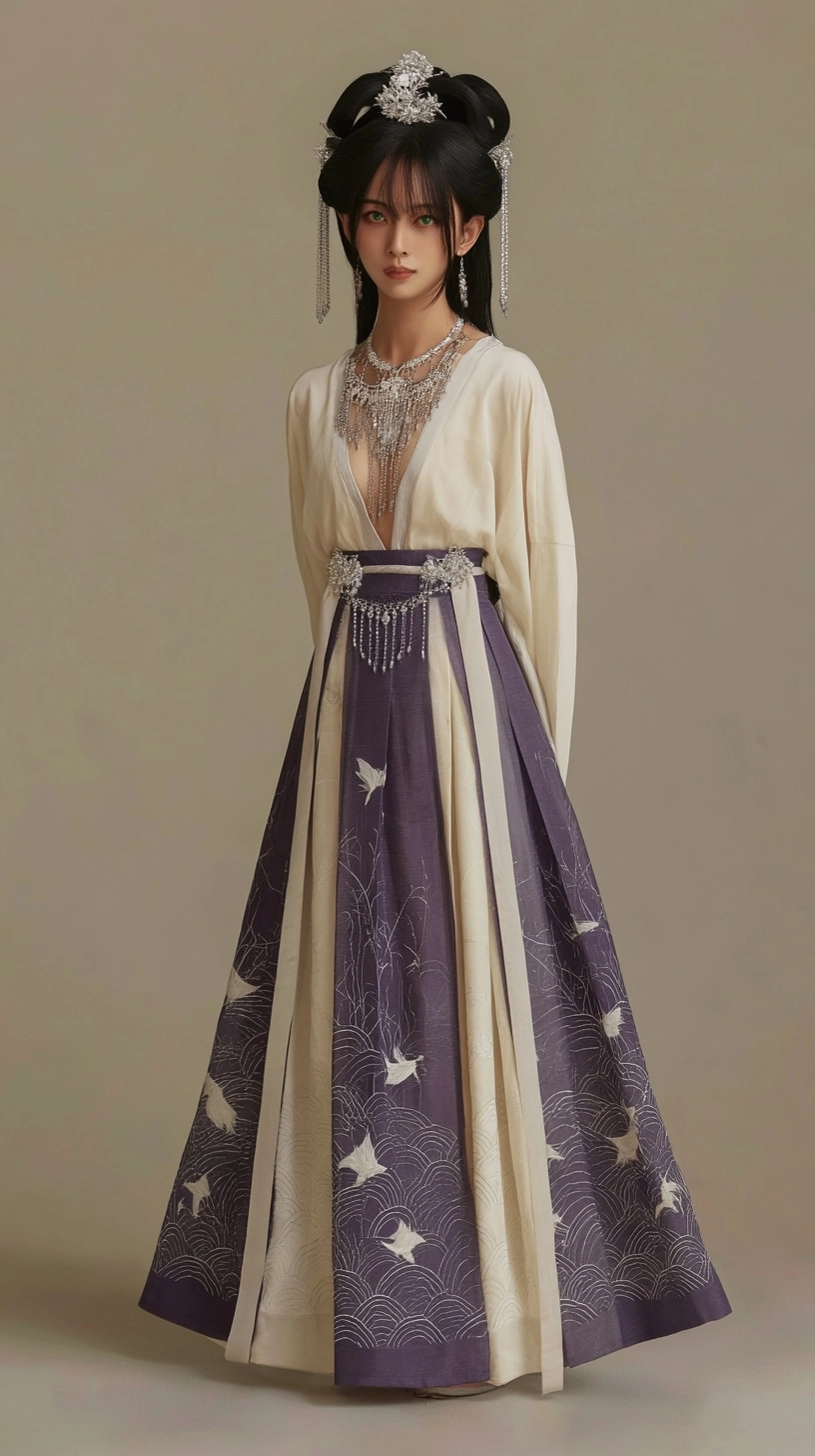 Full-body photo of an ancient Chinese girl, dressed in Hanfu with purple and white embroidered patte