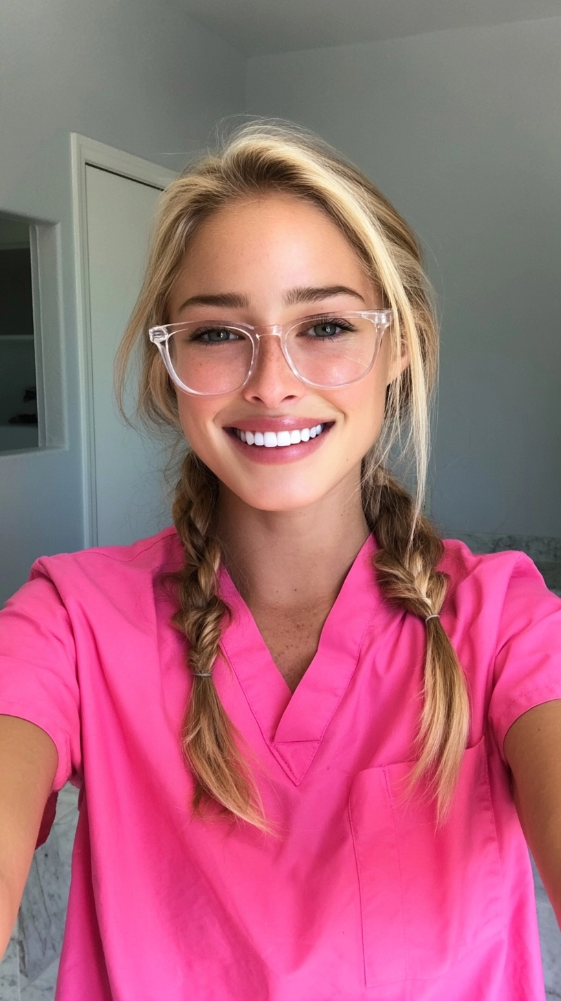 Full-body selfie of an attractive young blonde nurse in her late 20s