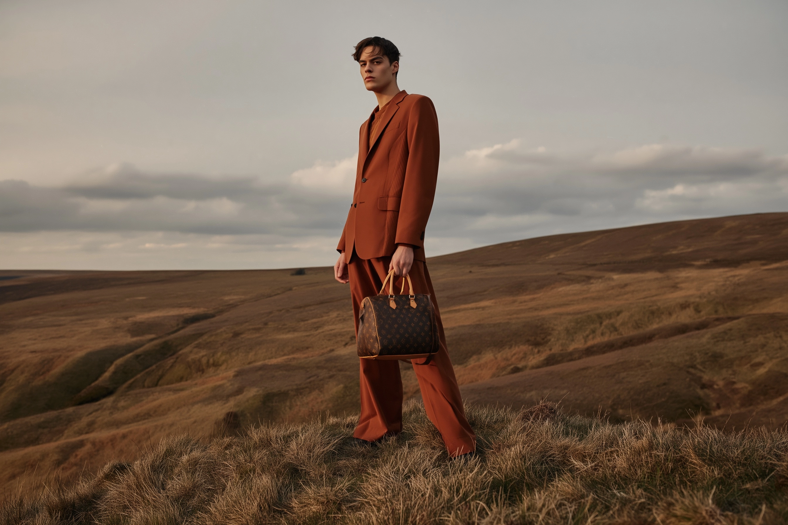 High fashion cinematic composition, same grassy hill peak with rolling terrain and soft cloudy sky