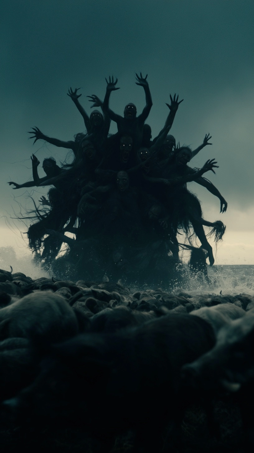 Horror movie still, a grotesque swarm of shadowy demons fused into one monstrous figure