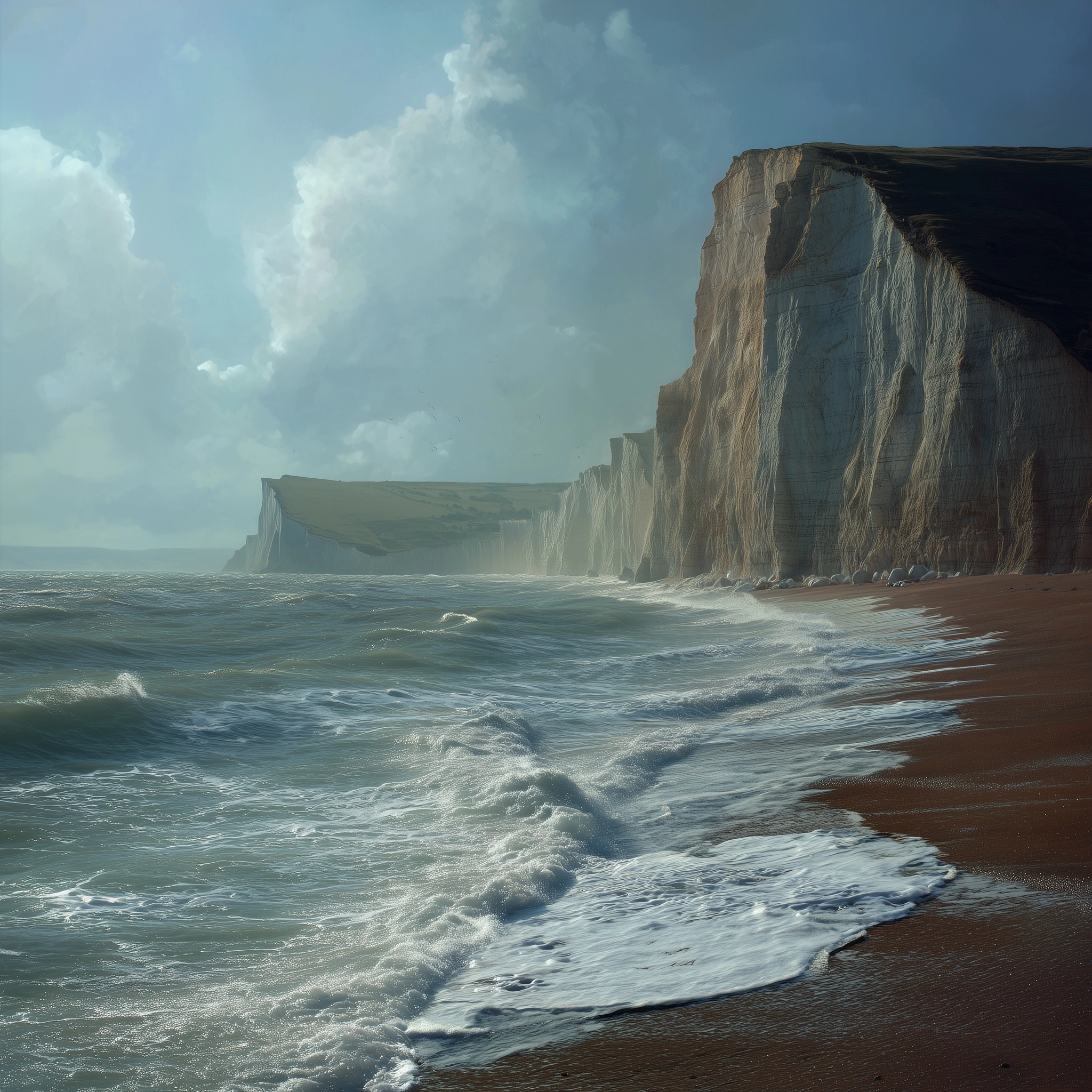 British beach, with cliffs in the background, hyperrealistic
