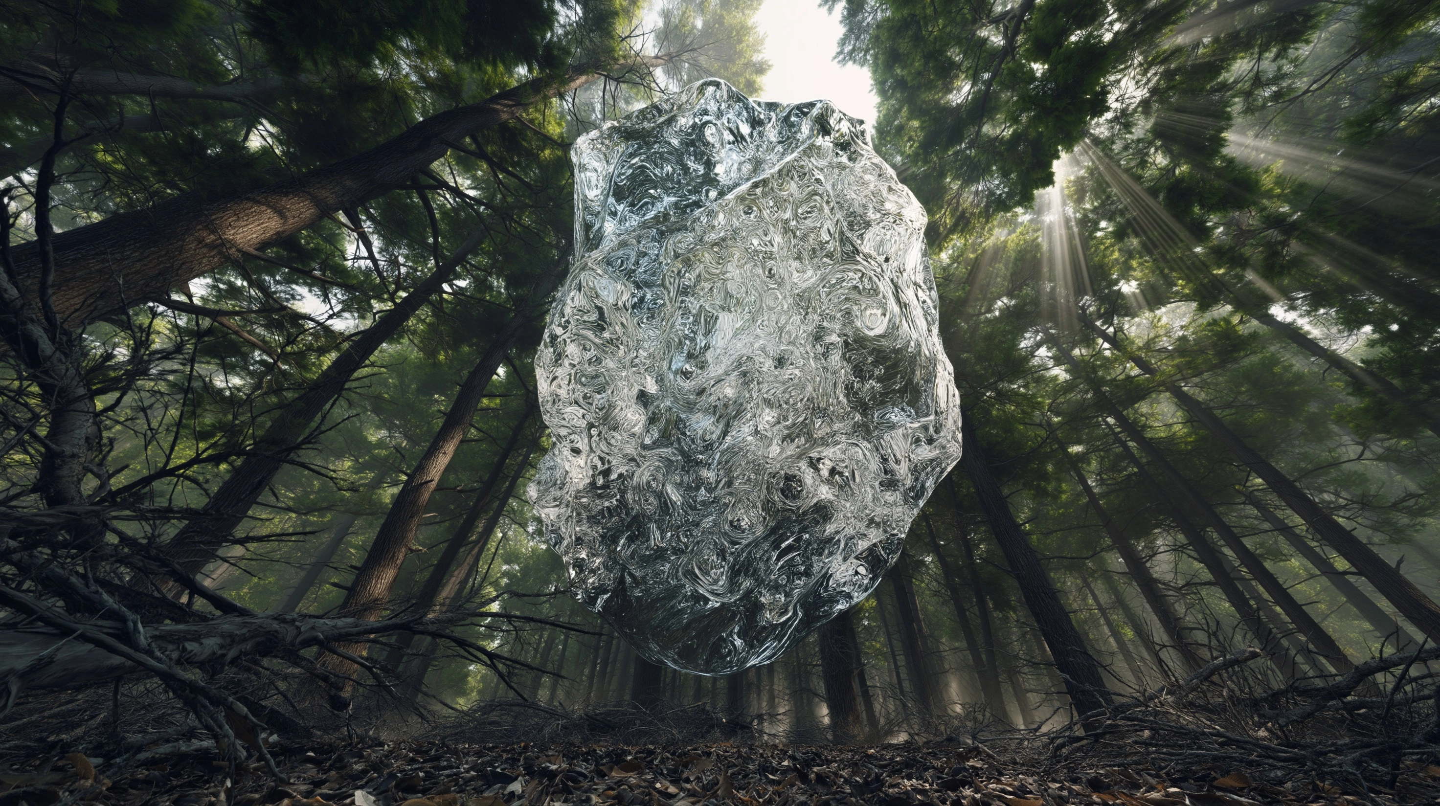 In the midst of the dense forest, sparse sunlight filters through the leaves and shines down