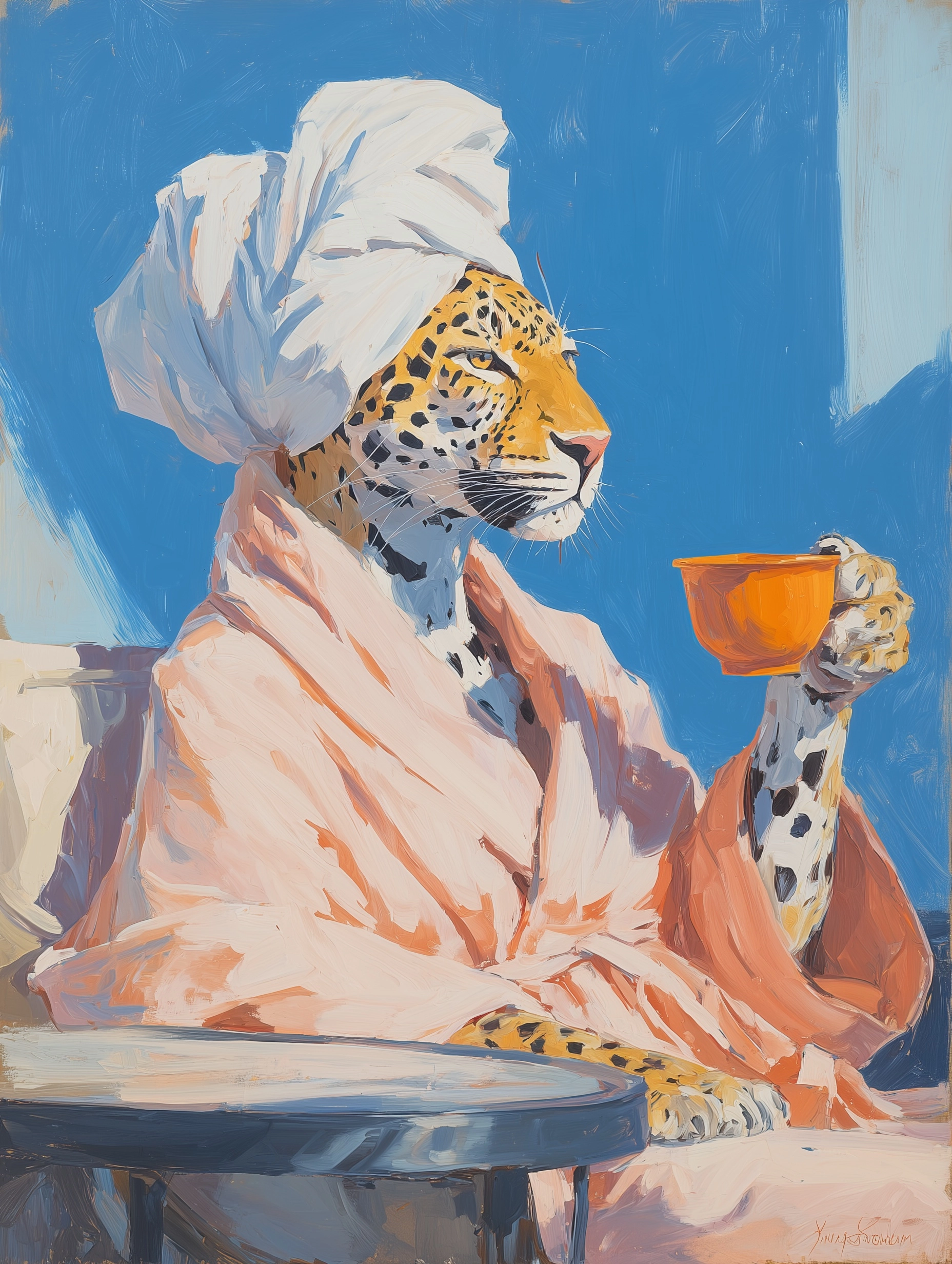 Leopard in bathrobe with towel wrap on head, holding a cup of coffee