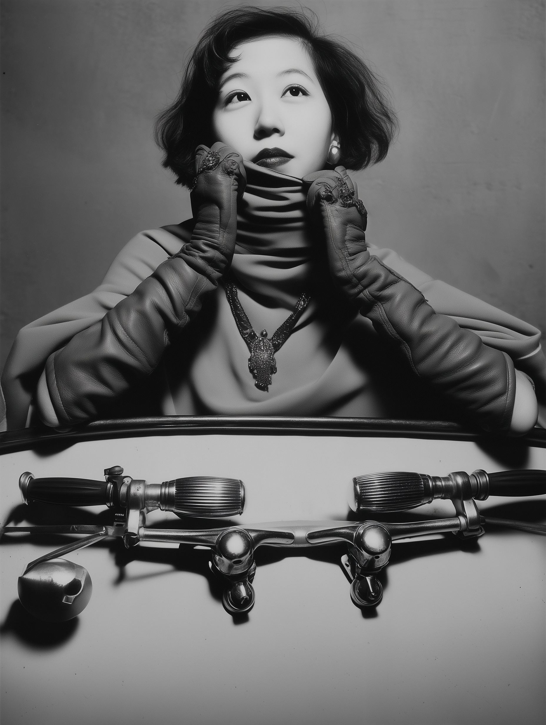 Fashion magazine , in 1942, lady face close up, on a vintage bike. with the vintage fashion look.