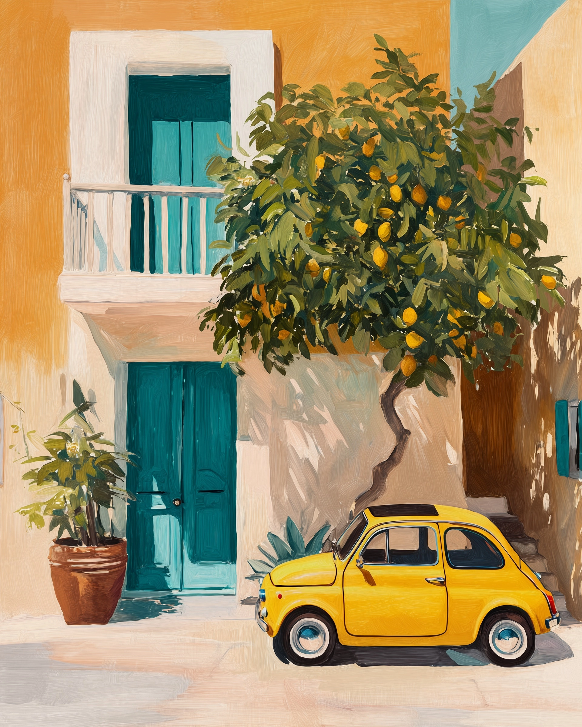 Matisse, a watercolor painting of a sunlit mediterranean courtyard with a bold saffron-yellow stucco