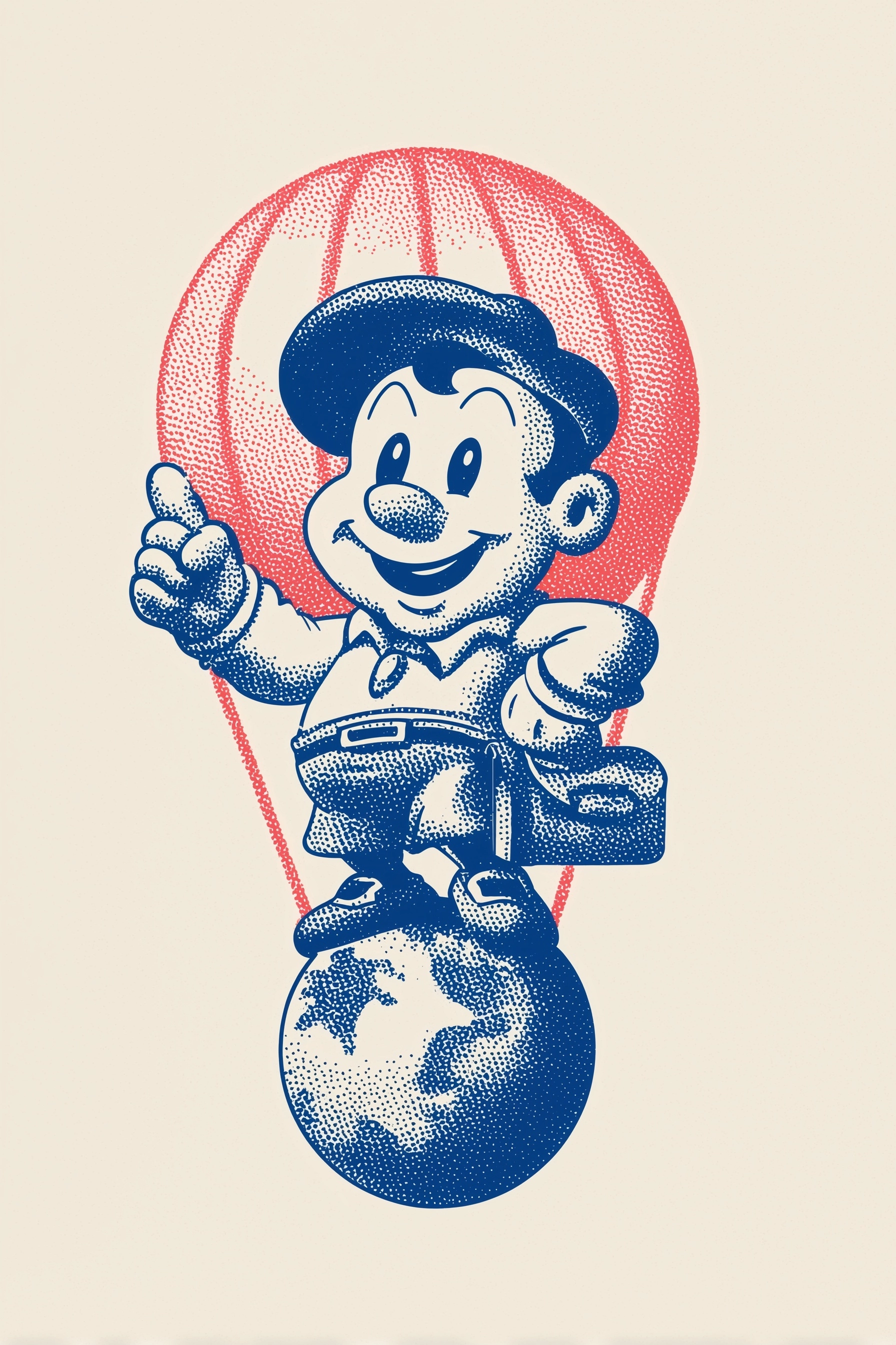 Minimalist Vector illustration of a playful, stylized cute Catalan mascot standing of a hot air ball