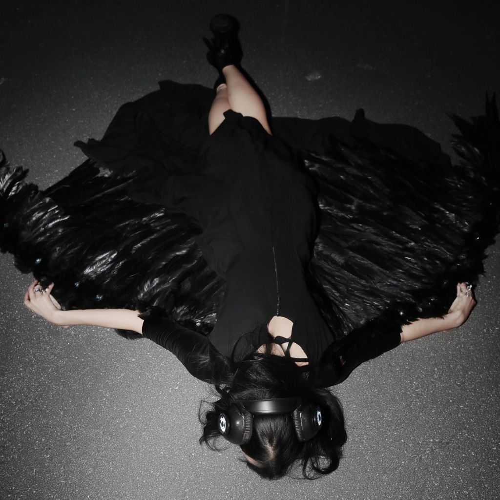 Model woman wearing black dress, laying face first on the ground, overhead centered shot