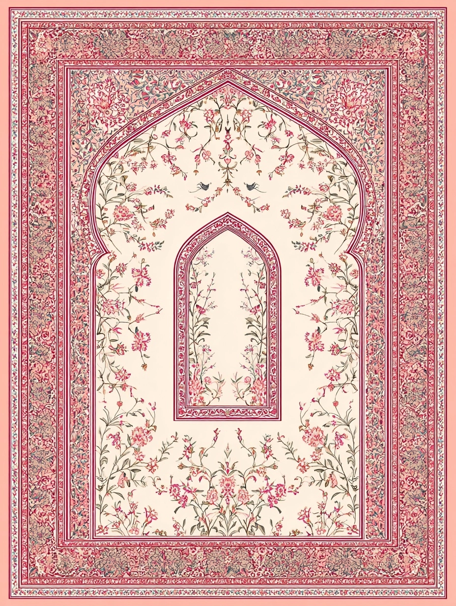 Muslim prayer rug, with an arched window in the middle of it