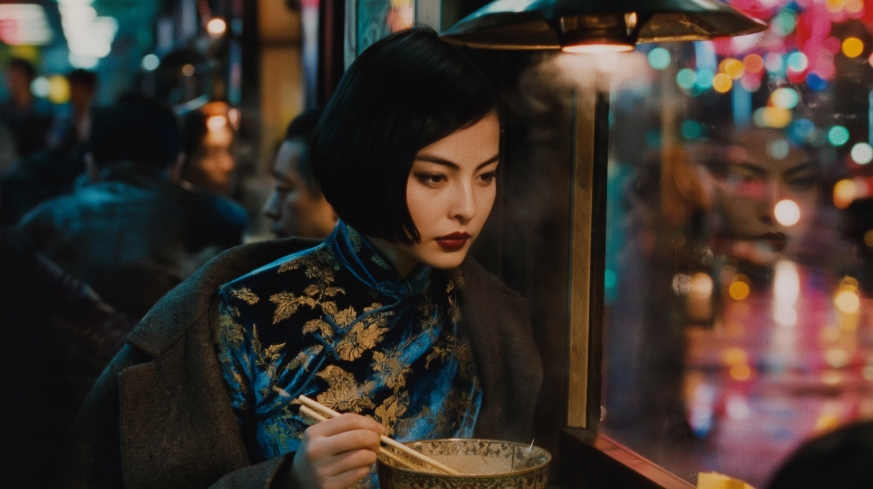 A stunning, melancholic film still from a hypothetical Wong Kar-wai film