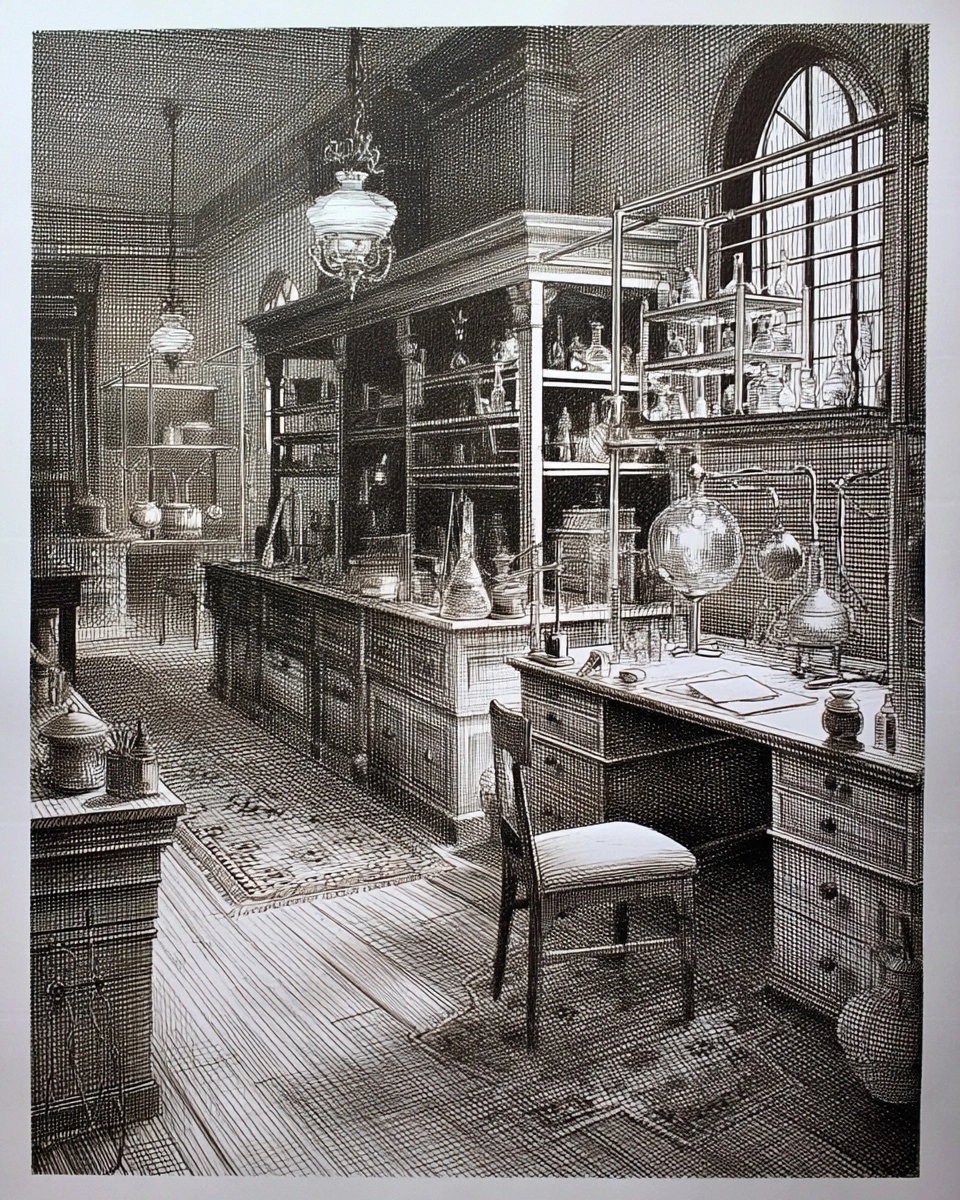Pen and ink illustration, a Victorian alchemist's laboratory, intricate cross-hatching