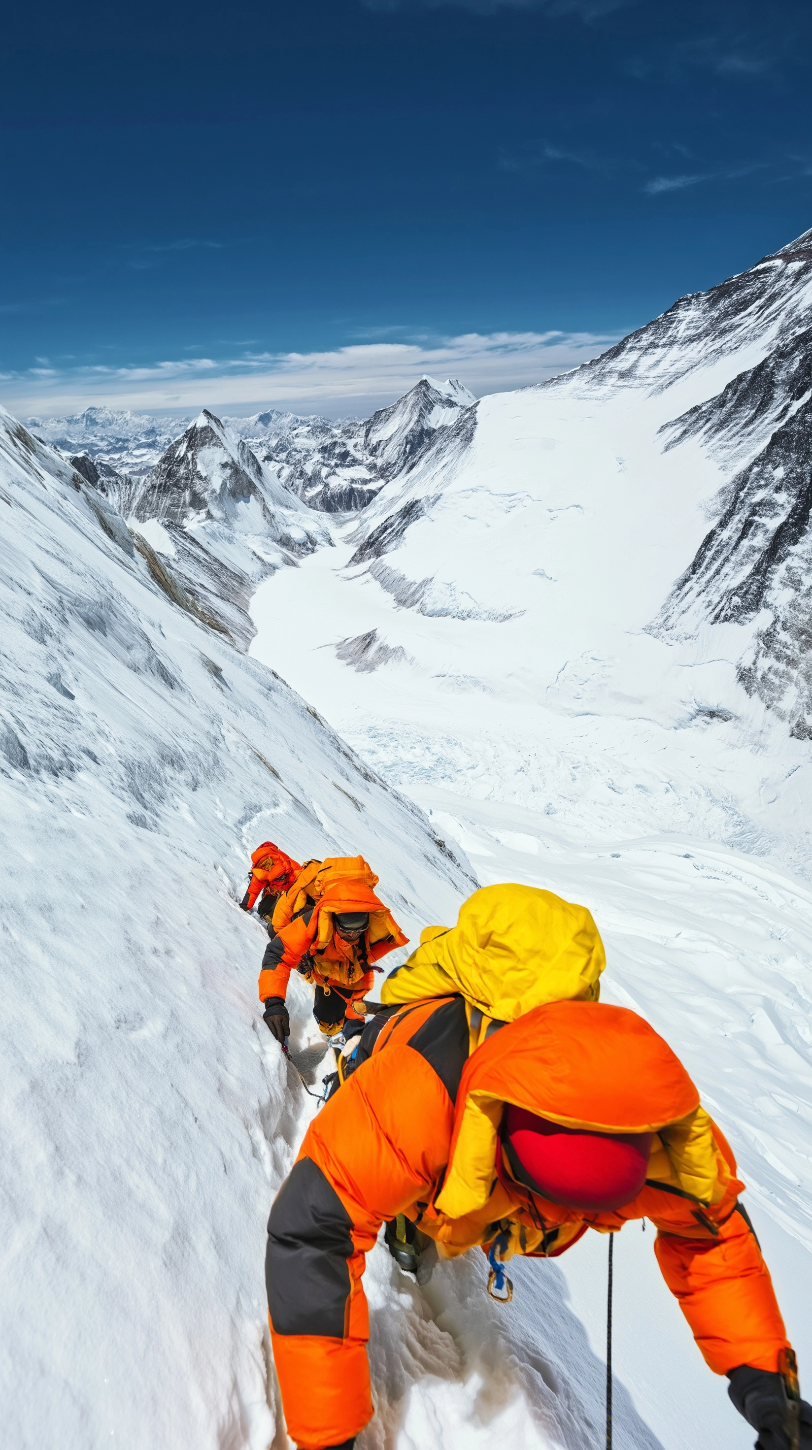 Photograph of a team climbing the himalayas, with orange and yellow gear on mount everest. the snowy