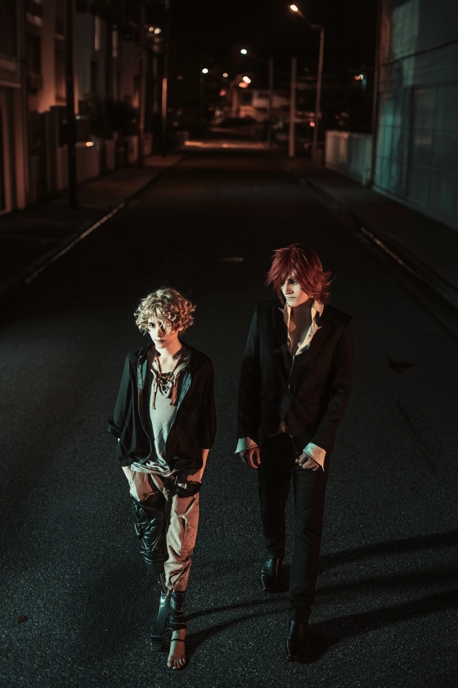 Photograph of two attractive man, Nick and Ludger walking in empty street in midnight