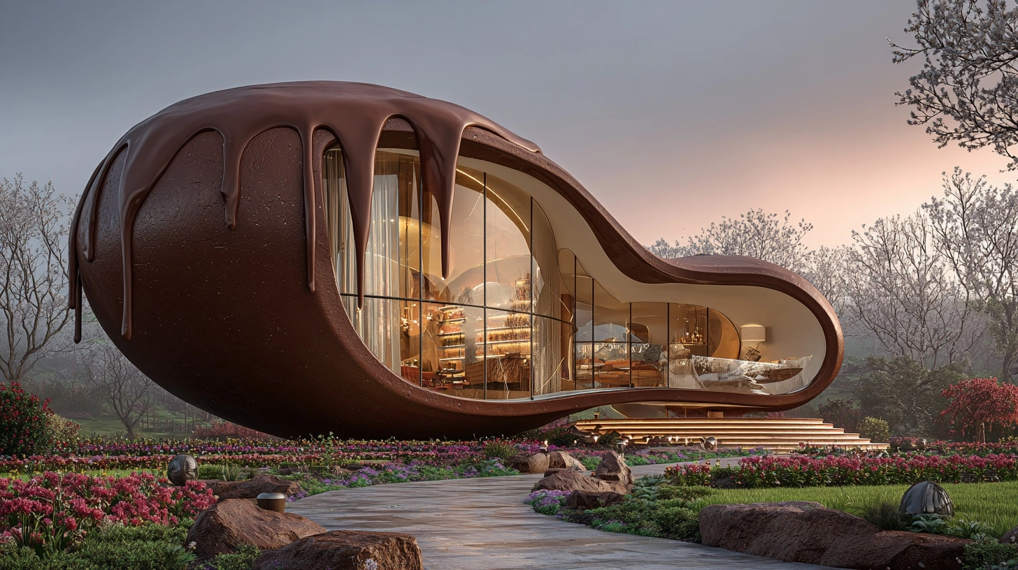 Photorealistic color image of a luxurious villa shaped like an Easter egg with a melting chocolate r