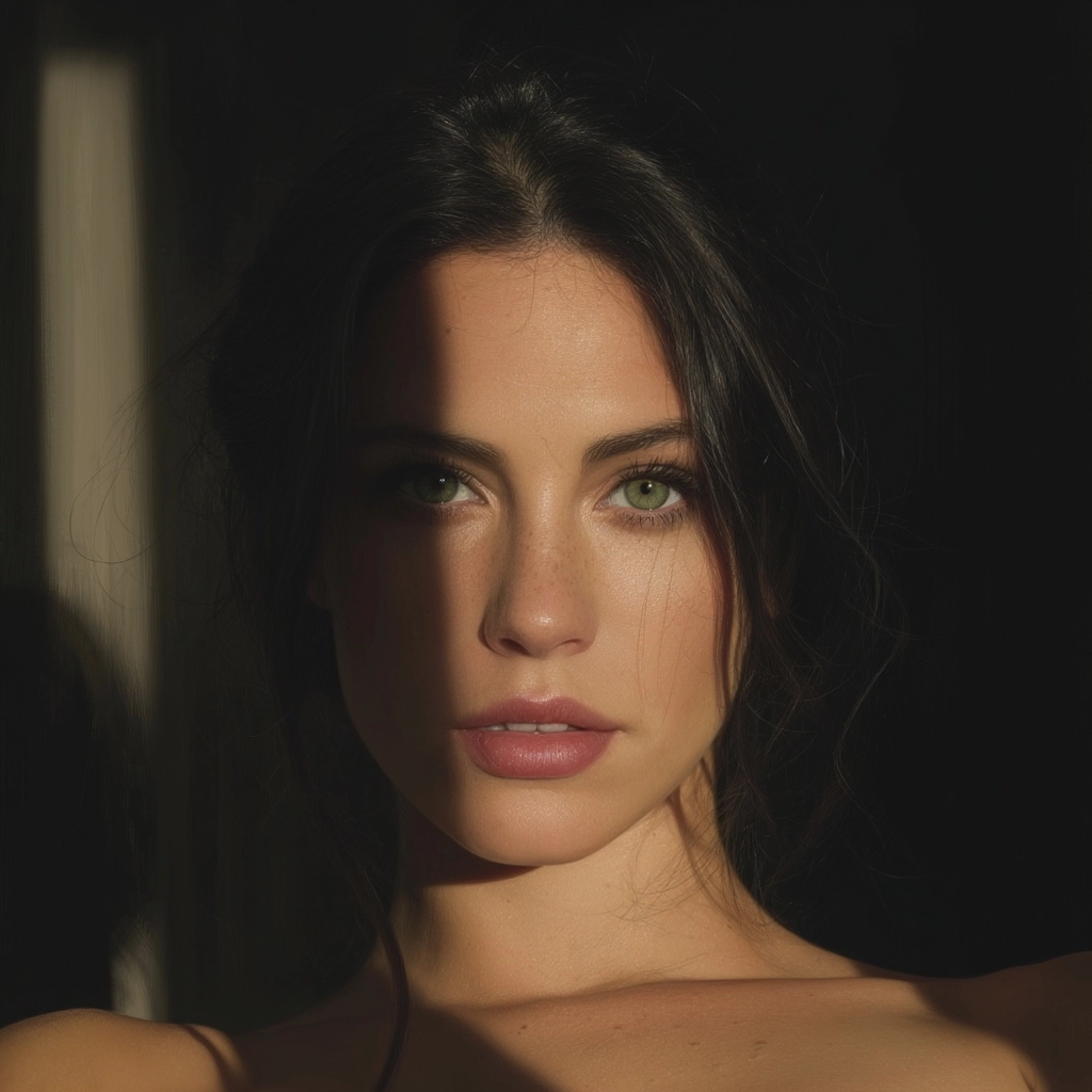 Photorealistic portrait of a woman with dark hair and green eyes staring directly at camera with def